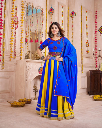 Blue Yellow Chaniya Choli for Navratri with Hand Mirror Blouse