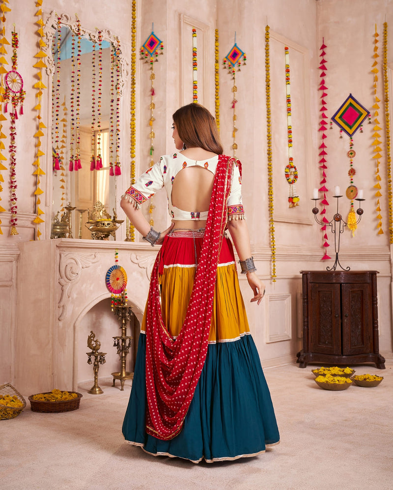 Mustard Blue Navratri Chaniya Choli with Kodi Mirror Work