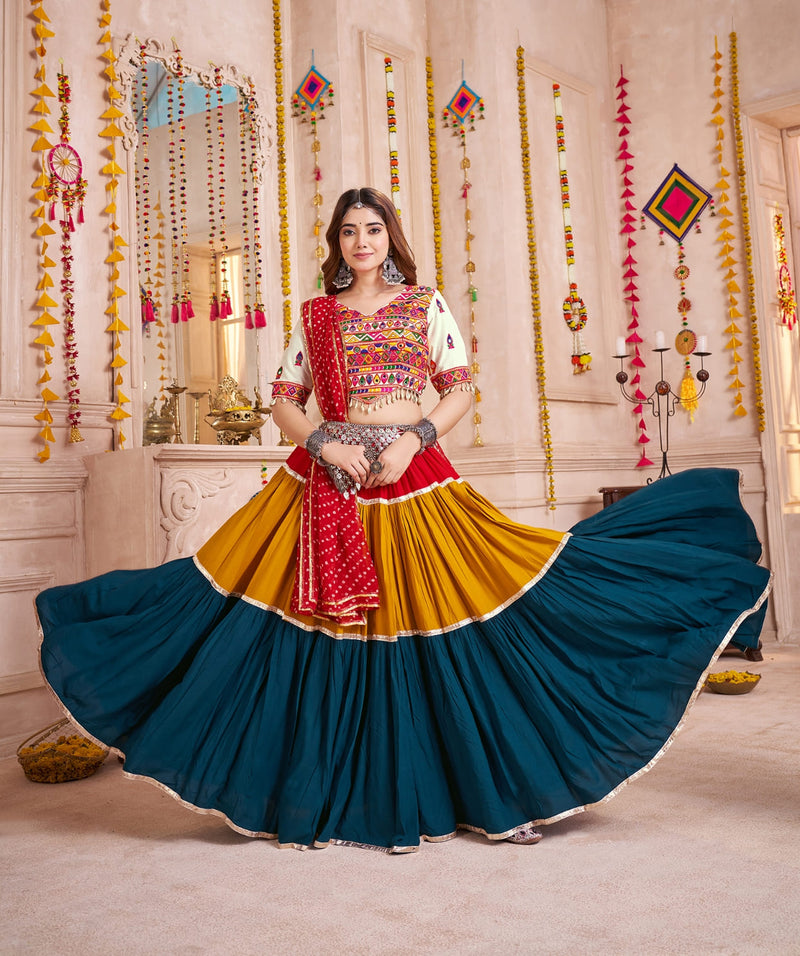 Mustard Blue Navratri Chaniya Choli with Kodi Mirror Work