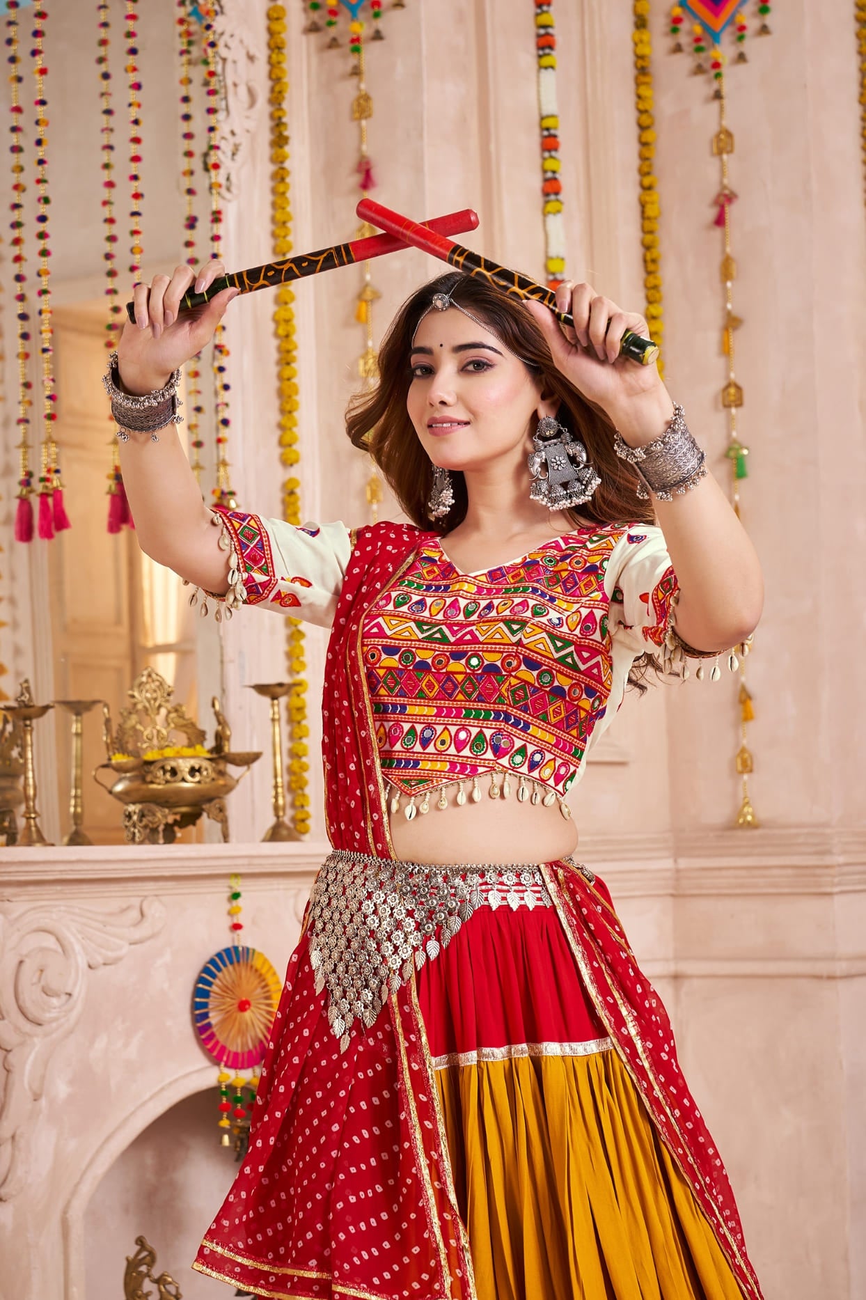 Mustard Blue Navratri Chaniya Choli with Kodi Mirror Work