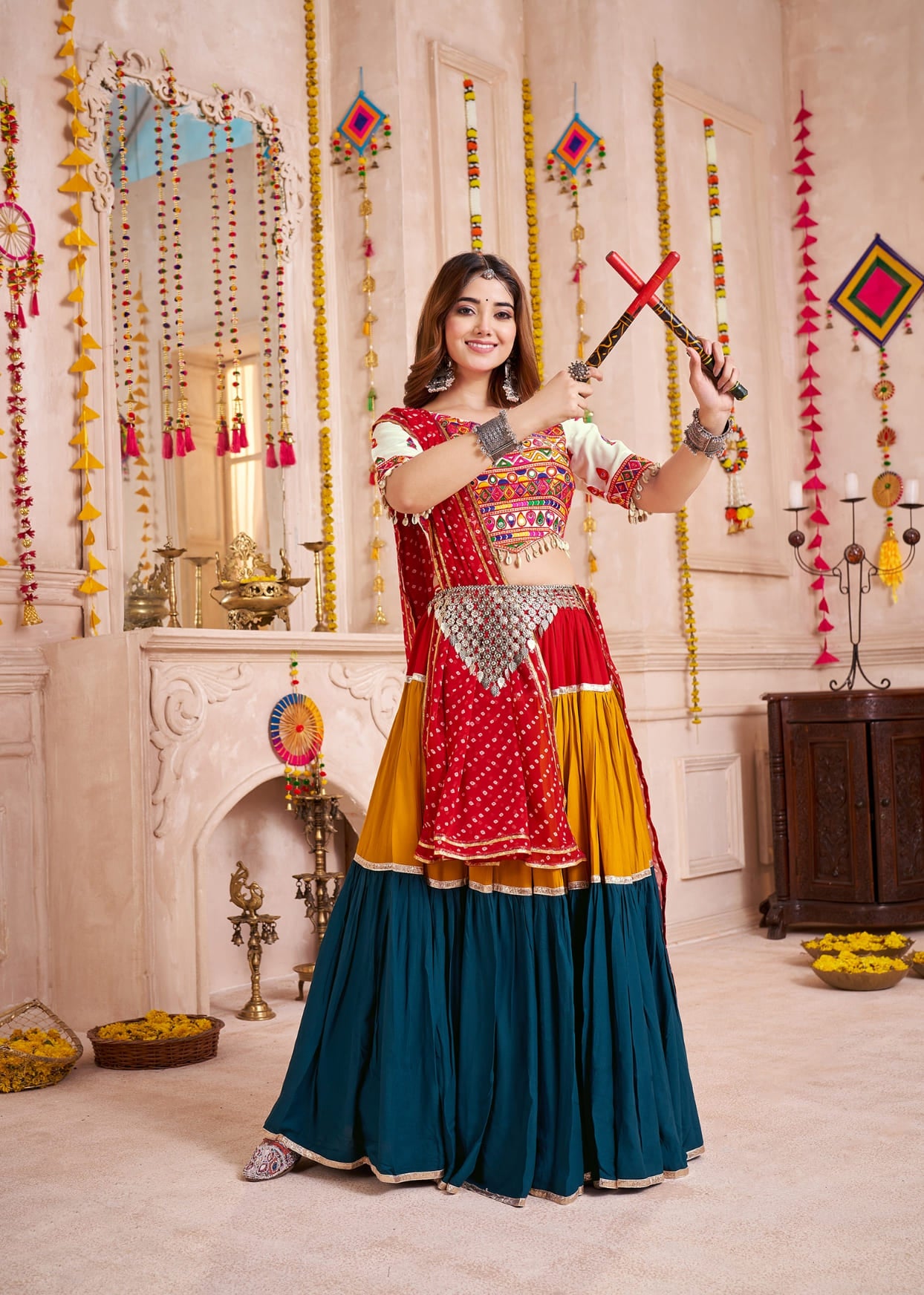 Mustard Blue Navratri Chaniya Choli with Kodi Mirror Work