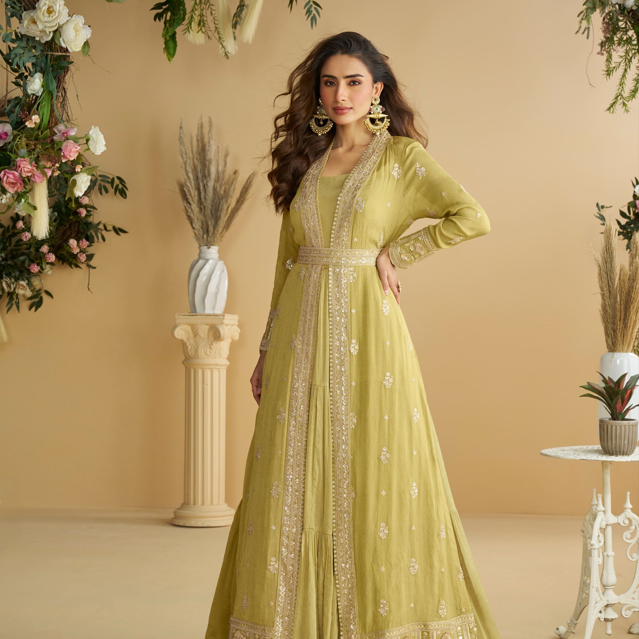Olive Green Anarkali Gown in Chinon Silk with Designer Shrug