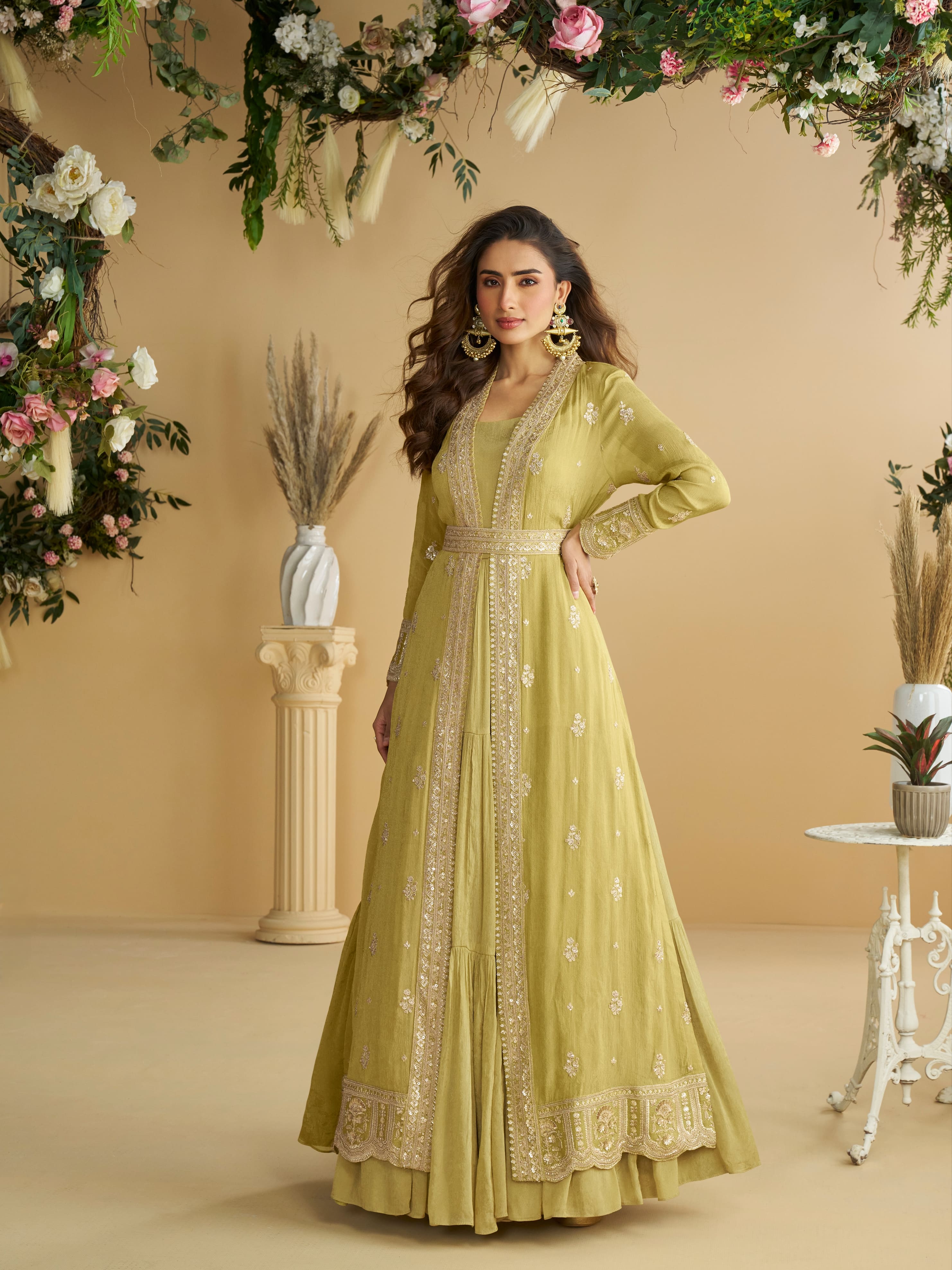 Olive Green Anarkali Gown in Chinon Silk with Designer Shrug