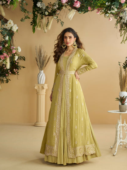 Olive Green Anarkali Gown in Chinon Silk with Designer Shrug