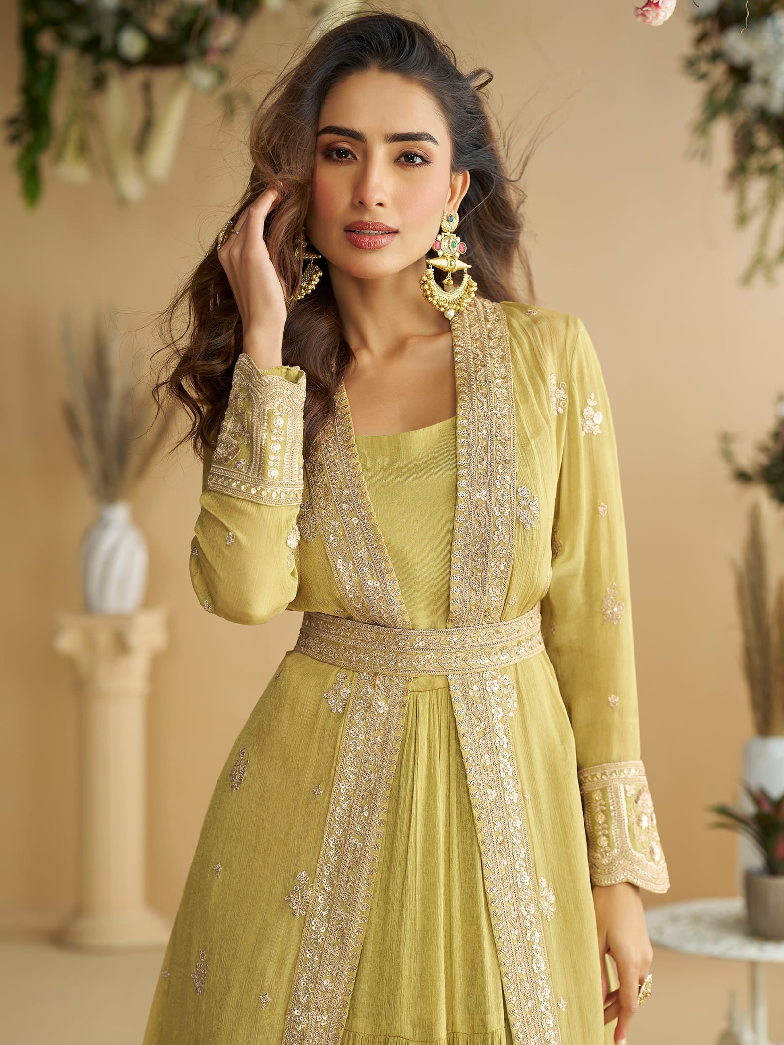 Olive Green Anarkali Gown in Chinon Silk with Designer Shrug