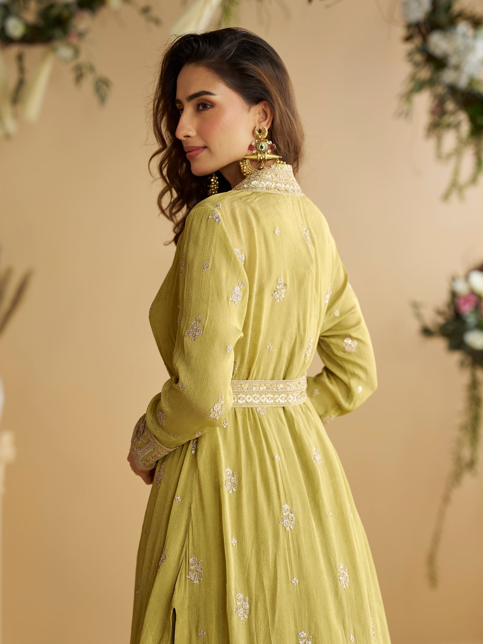Olive Green Anarkali Gown in Chinon Silk with Designer Shrug