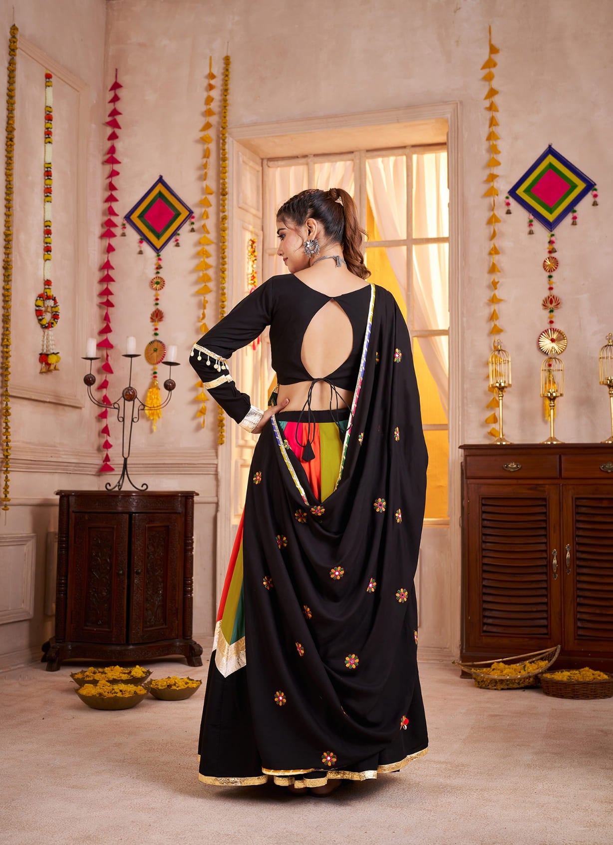 Black Multicolor Navratri Chaniya Choli with Mirror &amp; Lampi Border