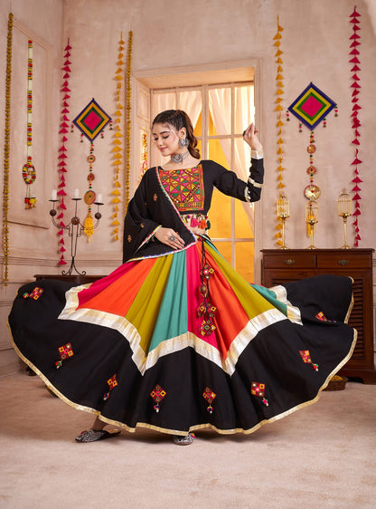 Black Multicolor Navratri Chaniya Choli with Mirror &amp; Lampi Border