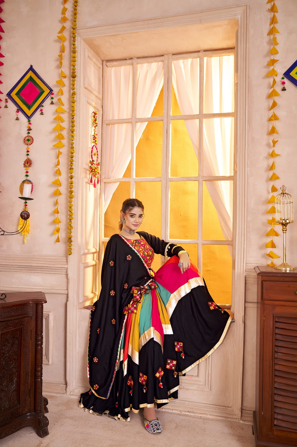 Black Multicolor Navratri Chaniya Choli with Mirror &amp; Lampi Border