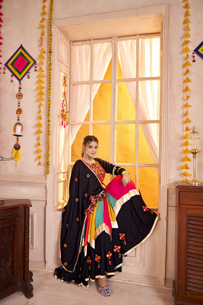 Black Multicolor Navratri Chaniya Choli with Mirror &amp; Lampi Border