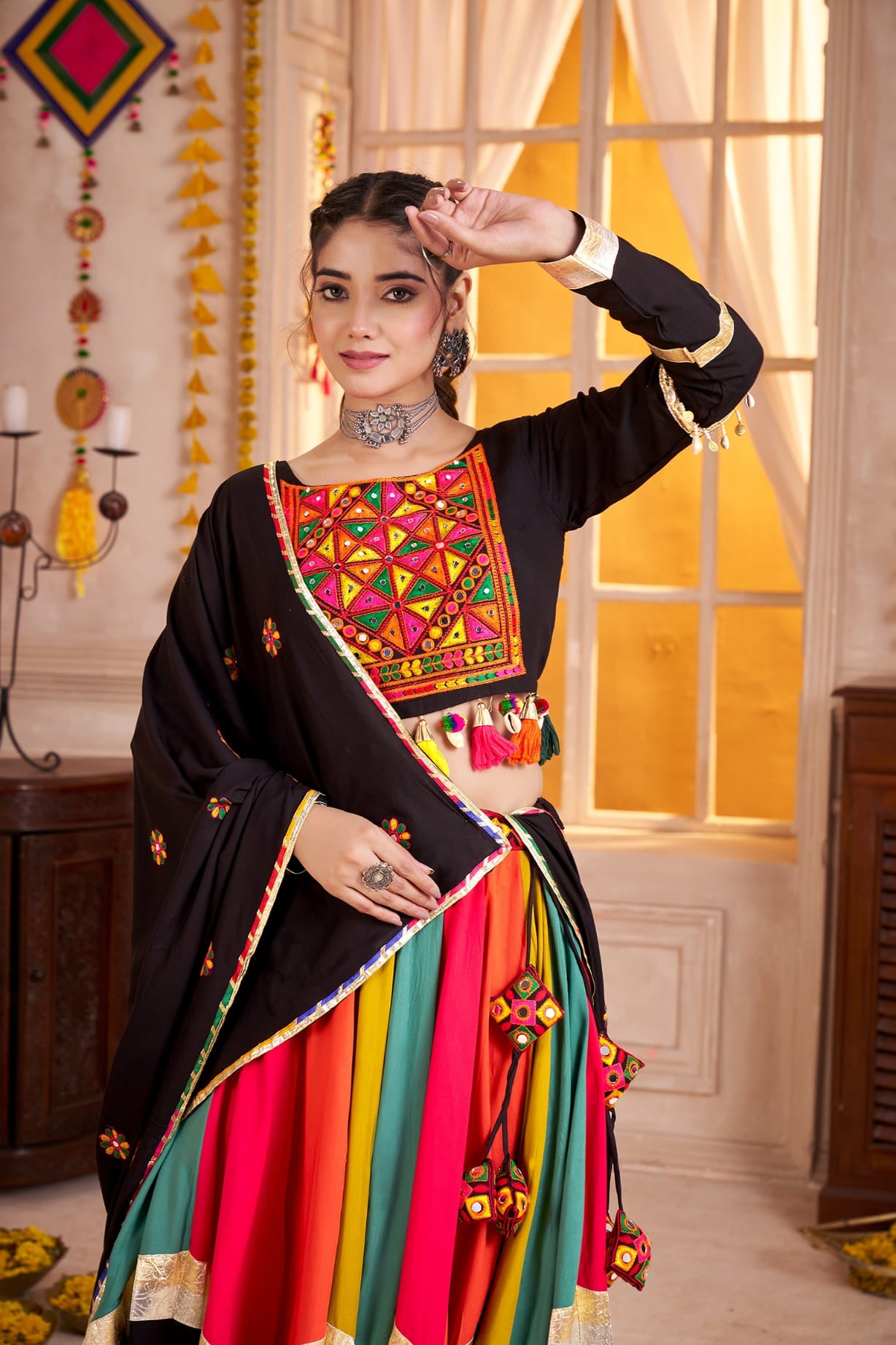 Black Multicolor Navratri Chaniya Choli with Mirror & Lampi Border
