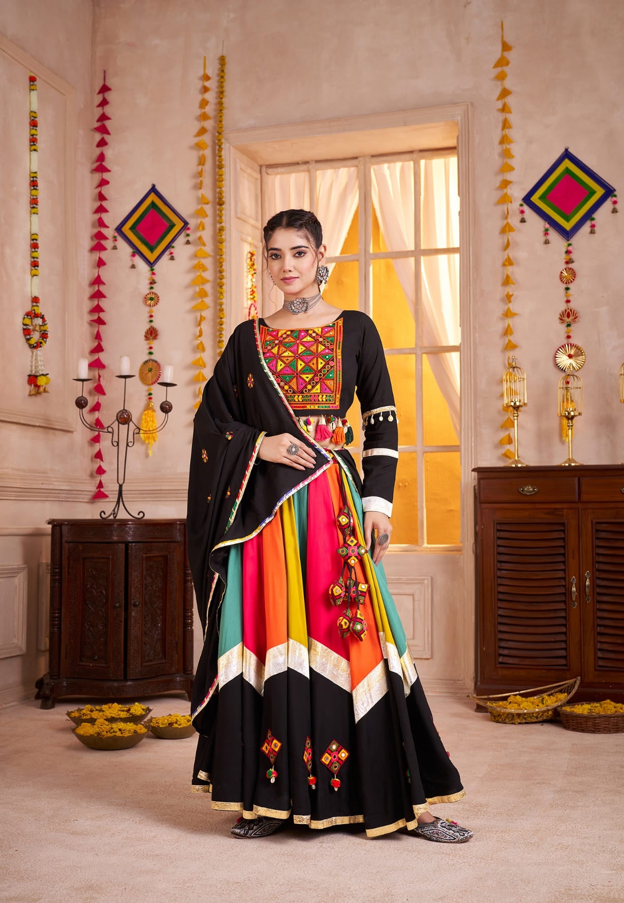 Black Multicolor Navratri Chaniya Choli with Mirror & Lampi Border