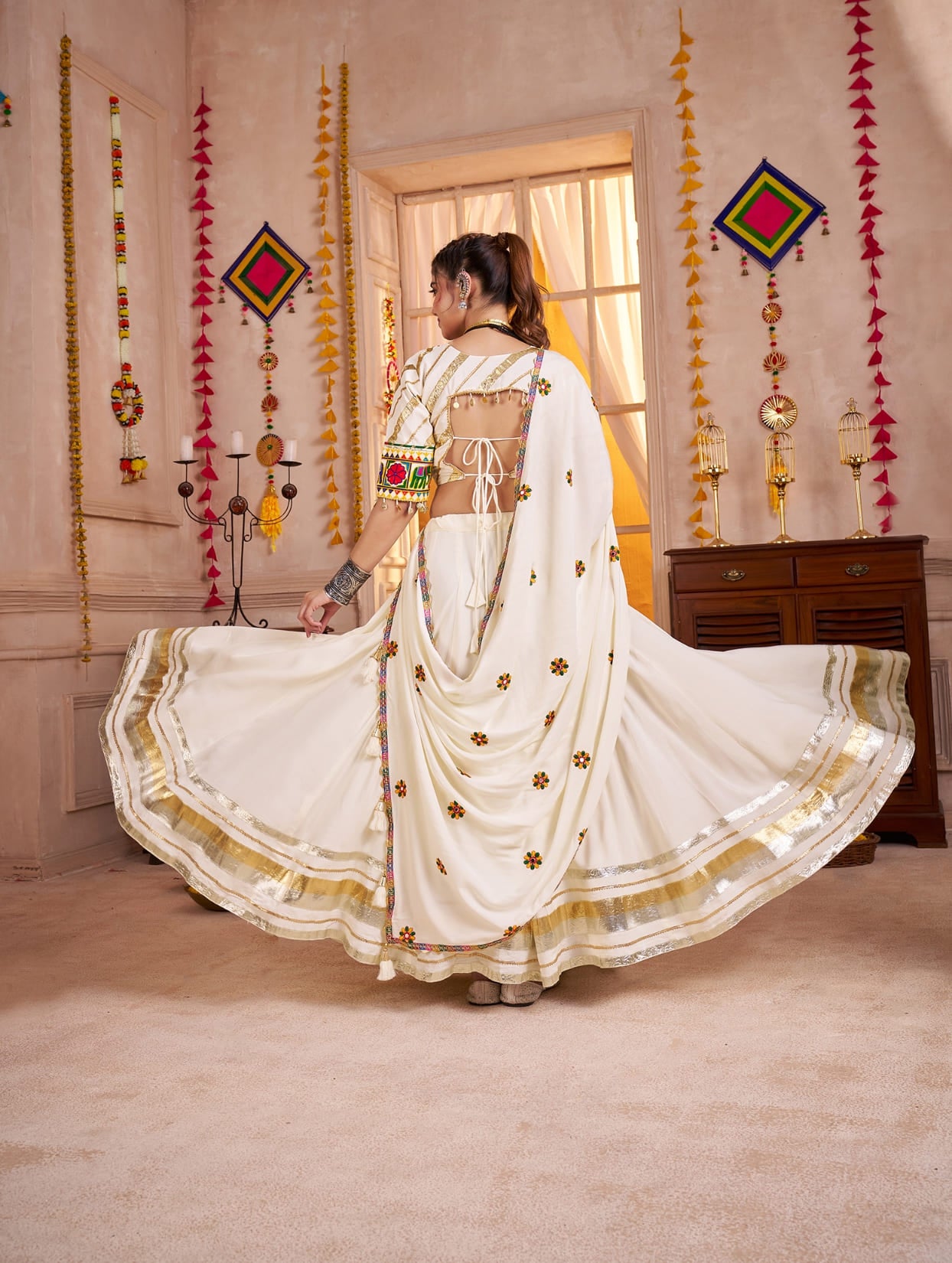 White Navratri Chaniya Choli with Mirror Embroidery