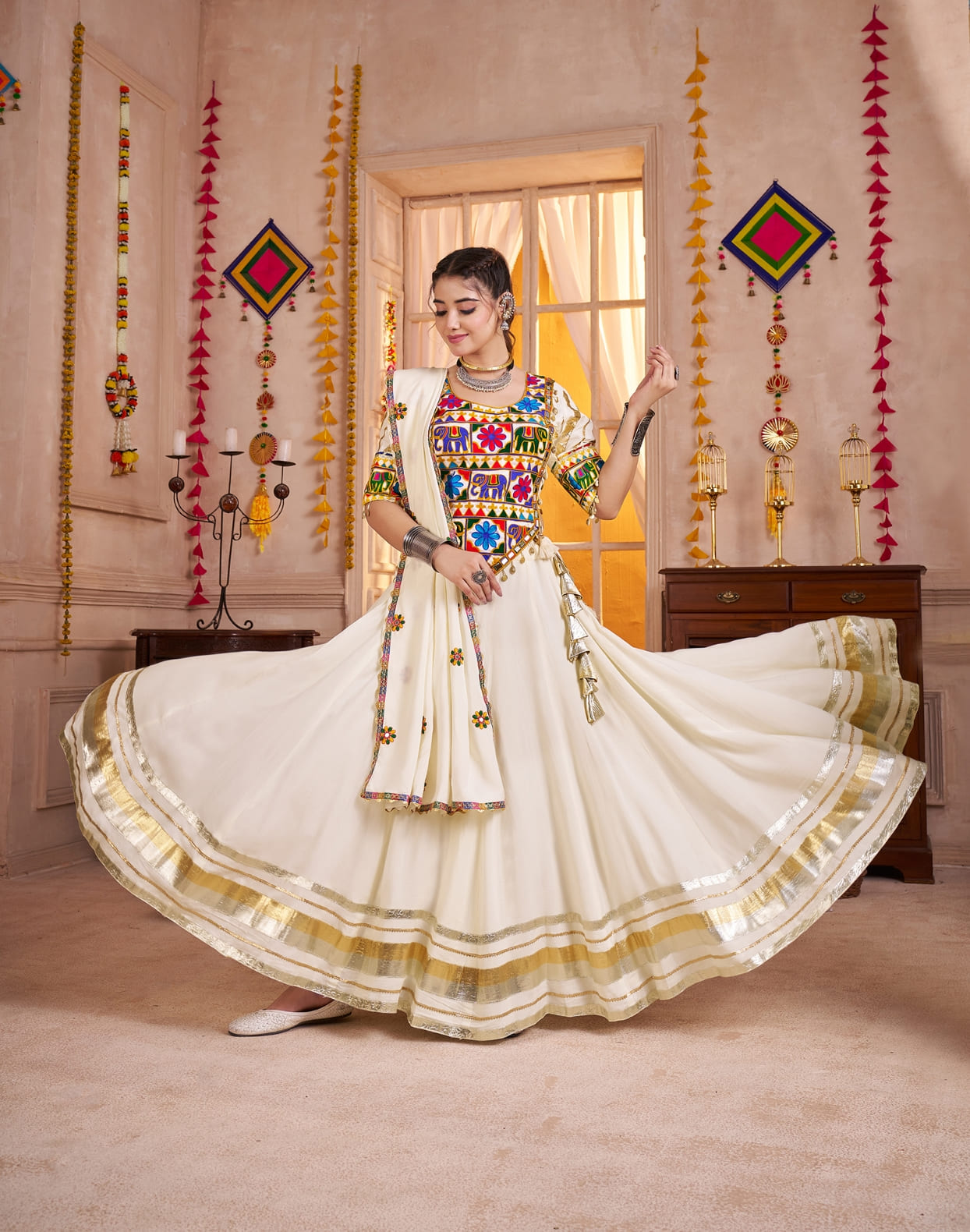 White Navratri Chaniya Choli with Mirror Embroidery