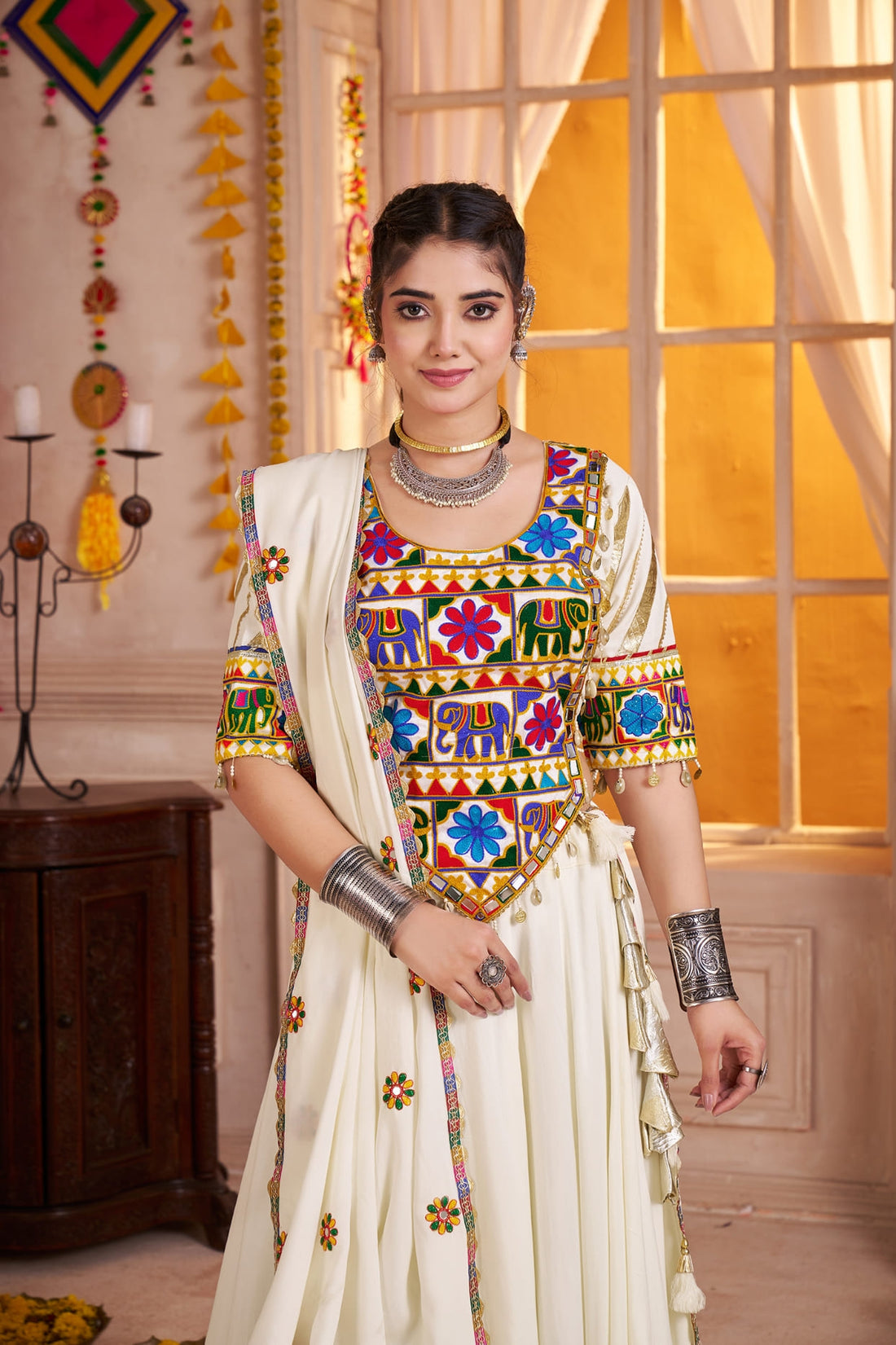 White Navratri Chaniya Choli with Mirror Embroidery