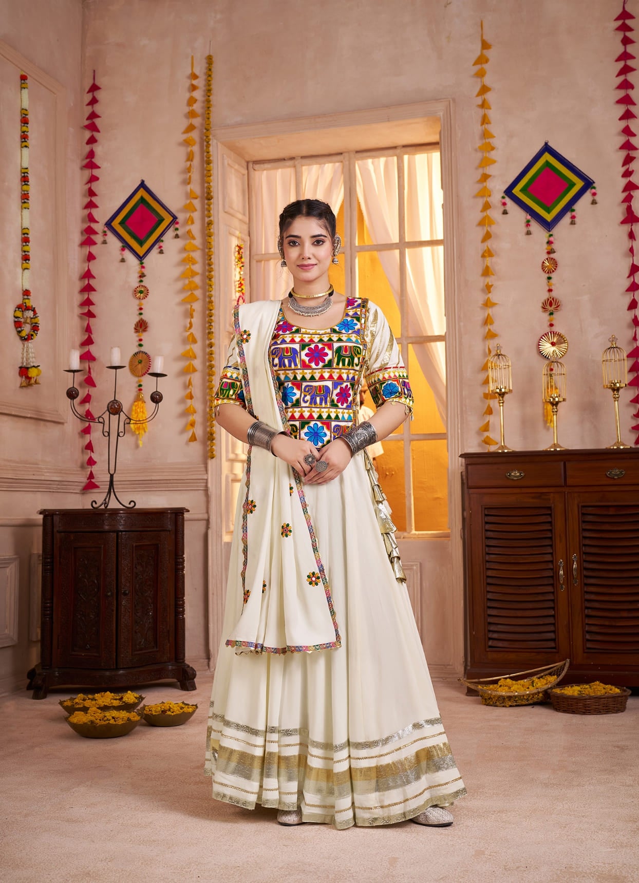 White Navratri Chaniya Choli with Mirror Embroidery