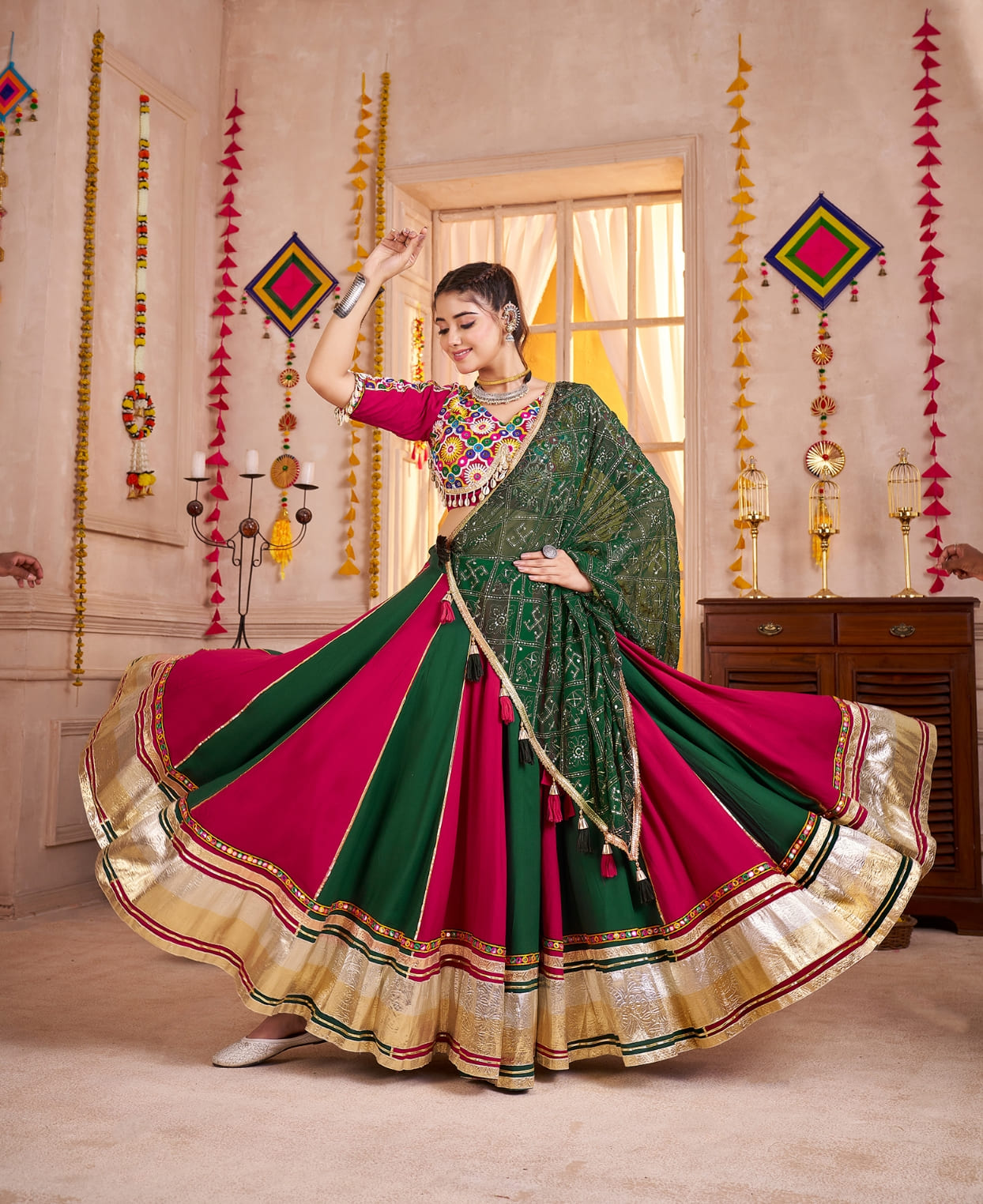 Green &amp; Pink Contrast Navratri Chaniya Choli with Lampi Border