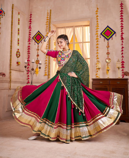 Green &amp; Pink Contrast Navratri Chaniya Choli with Lampi Border