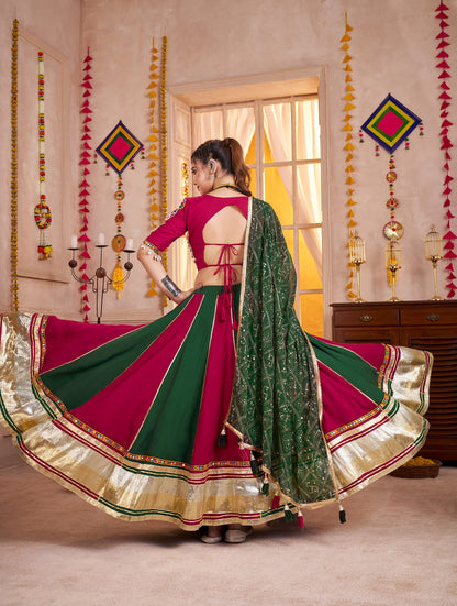 Green &amp; Pink Contrast Navratri Chaniya Choli with Lampi Border