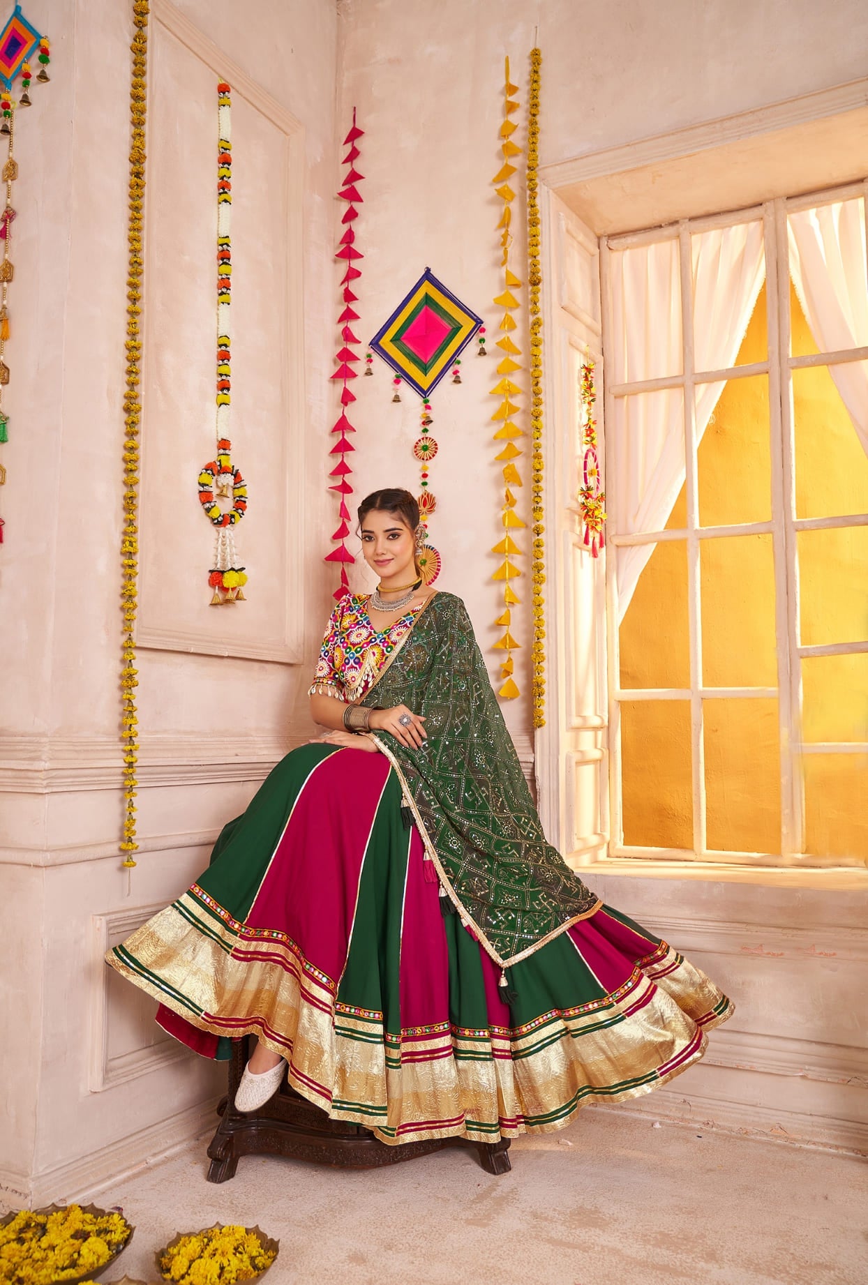 Green &amp; Pink Contrast Navratri Chaniya Choli with Lampi Border