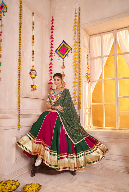 Green &amp; Pink Contrast Navratri Chaniya Choli with Lampi Border