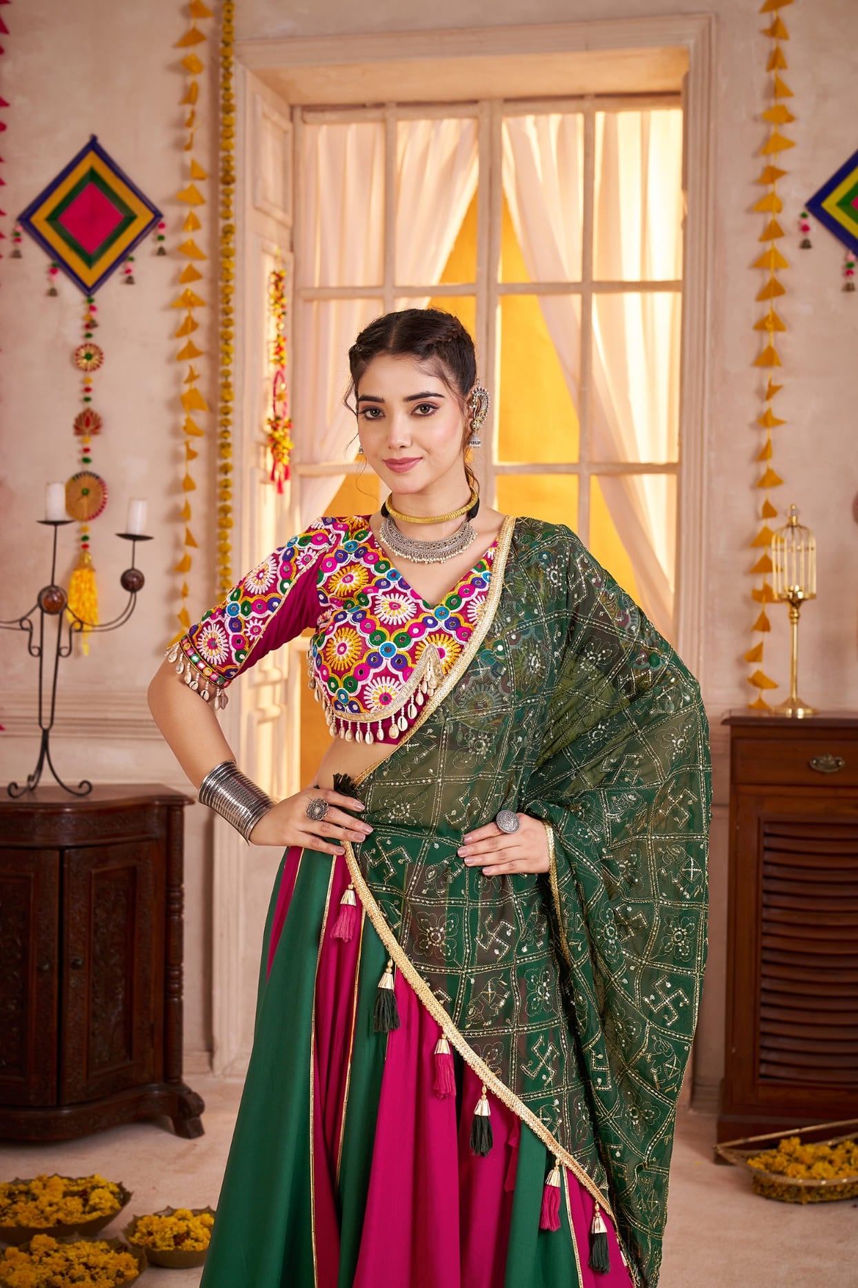 Green & Pink Contrast Navratri Chaniya Choli with Lampi Border