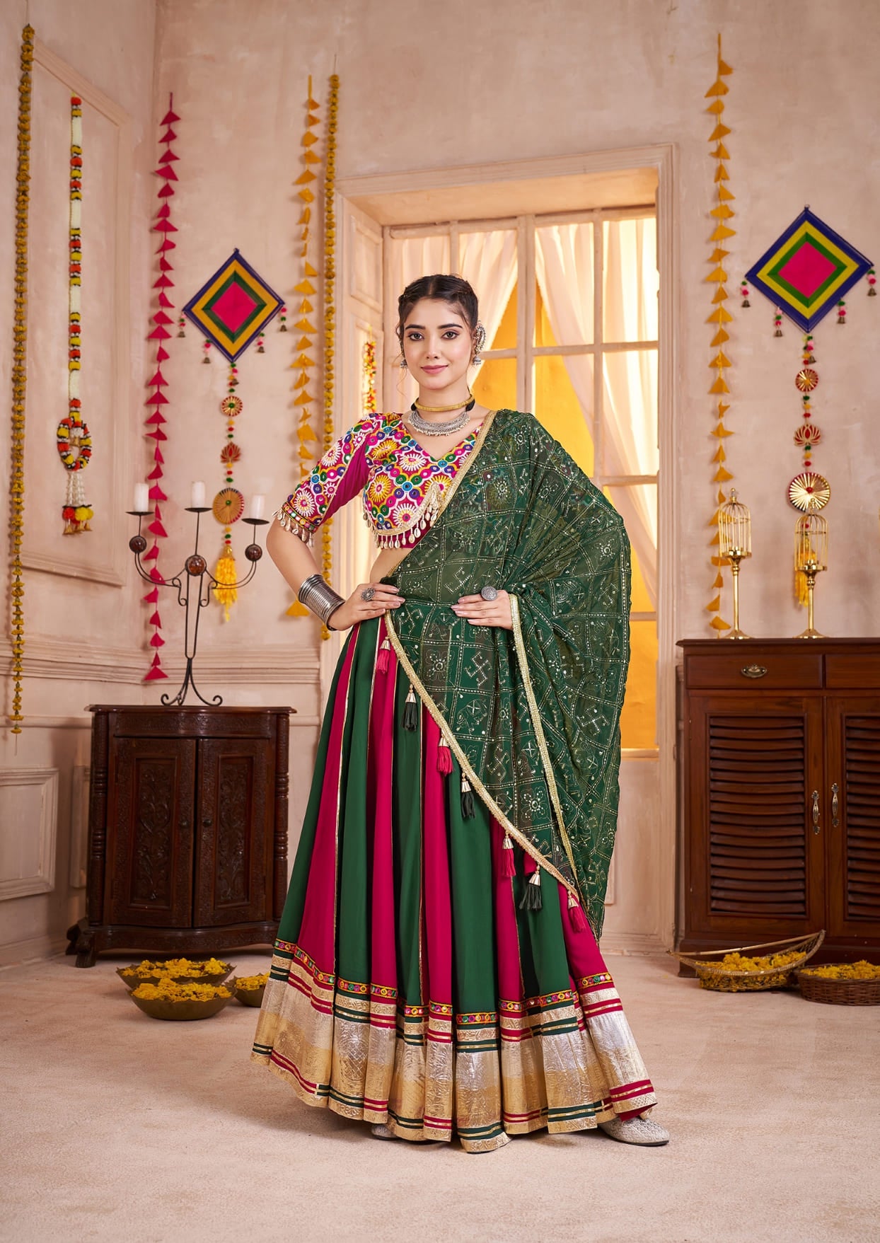 Green &amp; Pink Contrast Navratri Chaniya Choli with Lampi Border