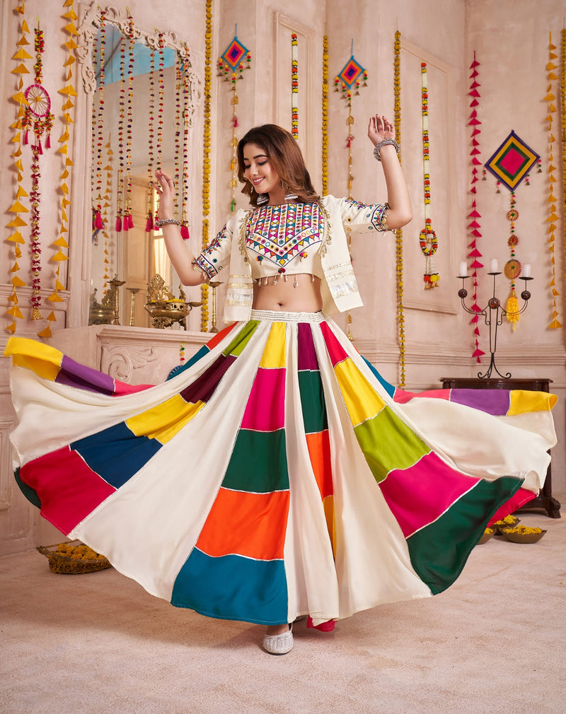 White Multicolor Patchwork Navratri Lehenga Choli