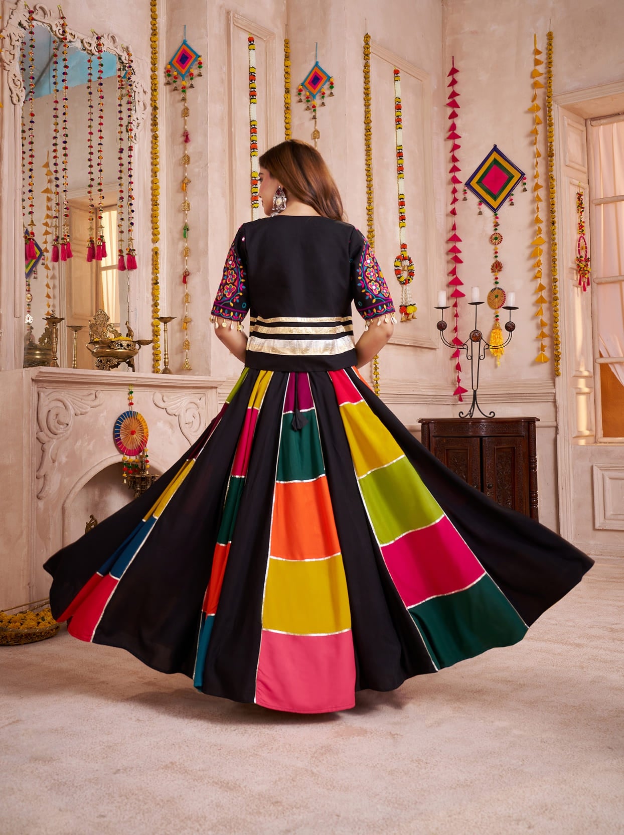 Black Multicolor Navratri Lehenga Choli with Embroidered Jacket