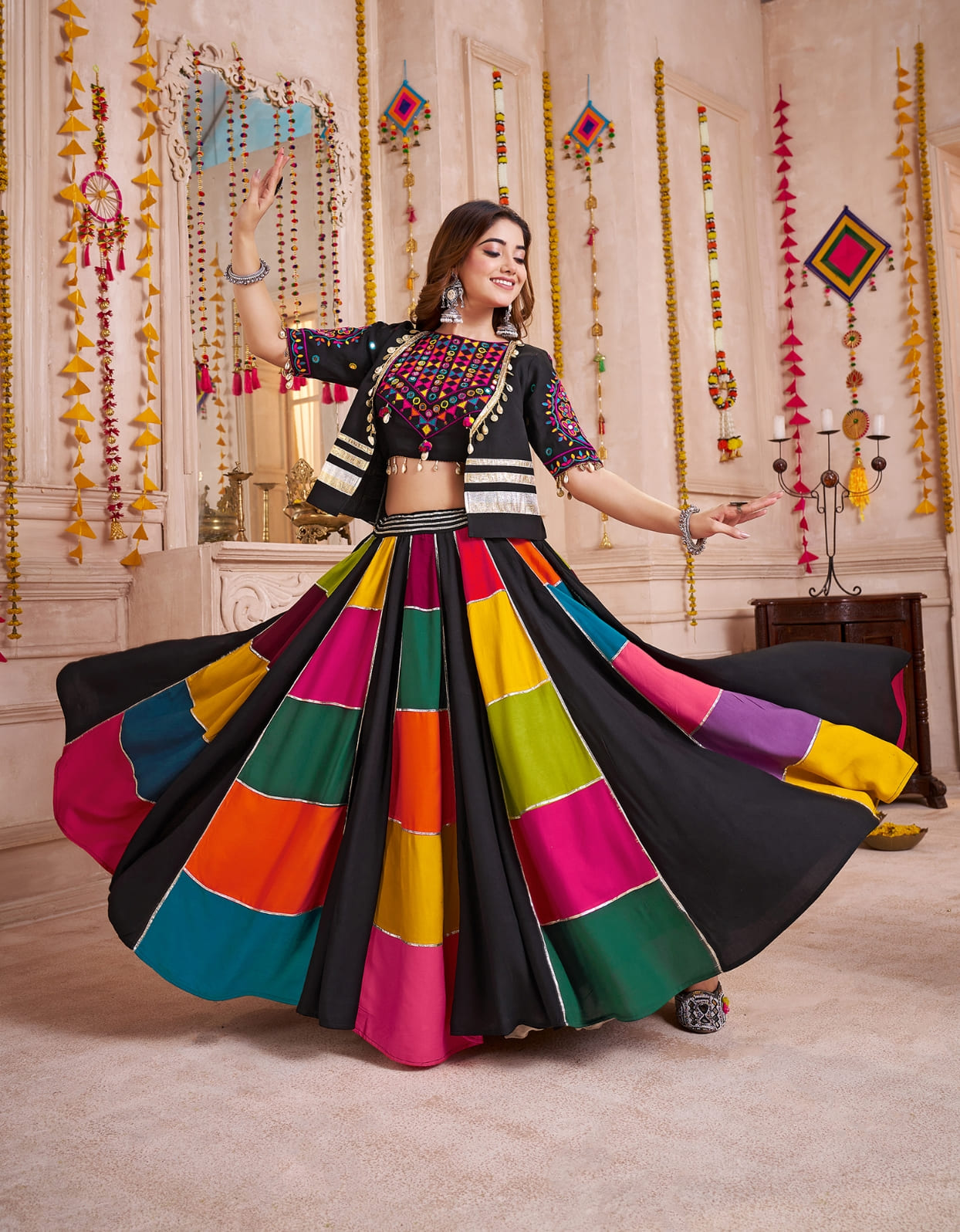 Black Multicolor Navratri Lehenga Choli with Embroidered Jacket