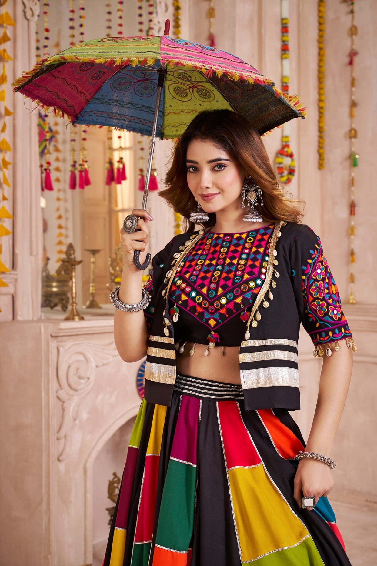 Black Multicolor Navratri Lehenga Choli with Embroidered Jacket
