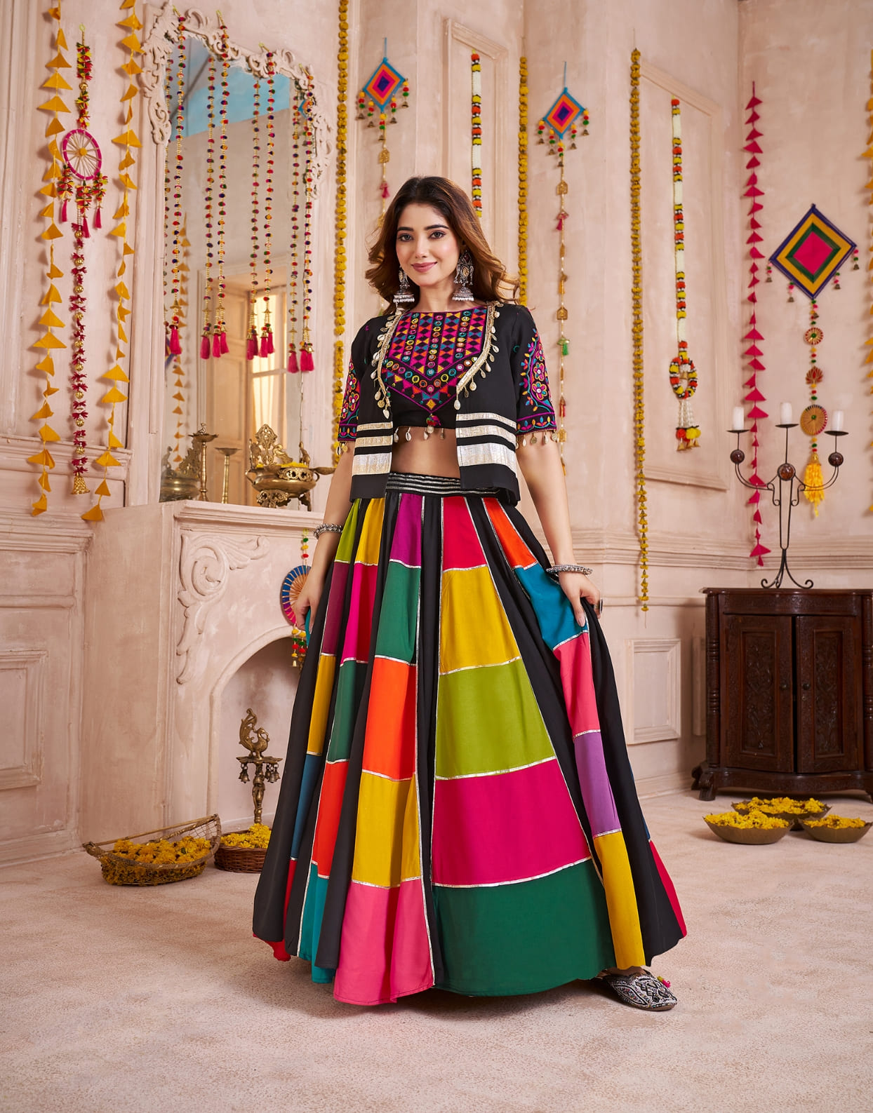 Black Multicolor Navratri Lehenga Choli with Embroidered Jacket