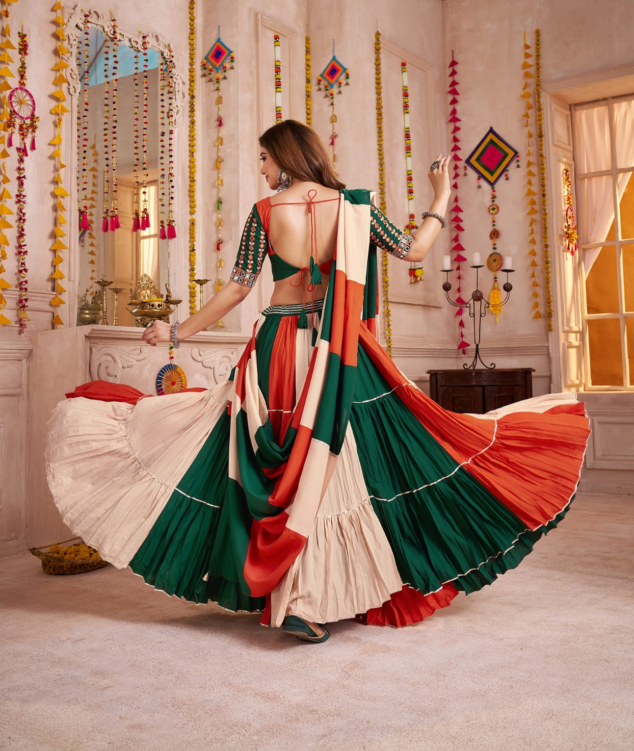 Multicolor Navratri Cotton Lehenga Choli with Mirror Work Dupatta