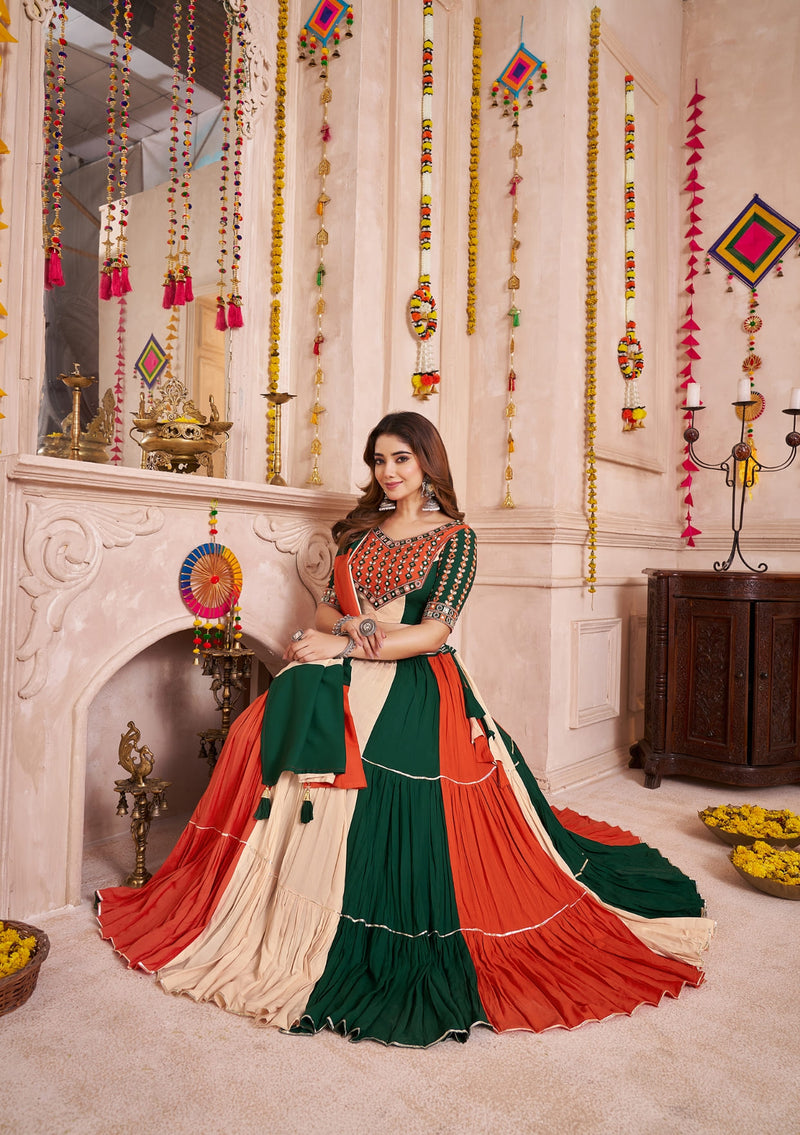 Multicolor Navratri Cotton Lehenga Choli with Mirror Work Dupatta