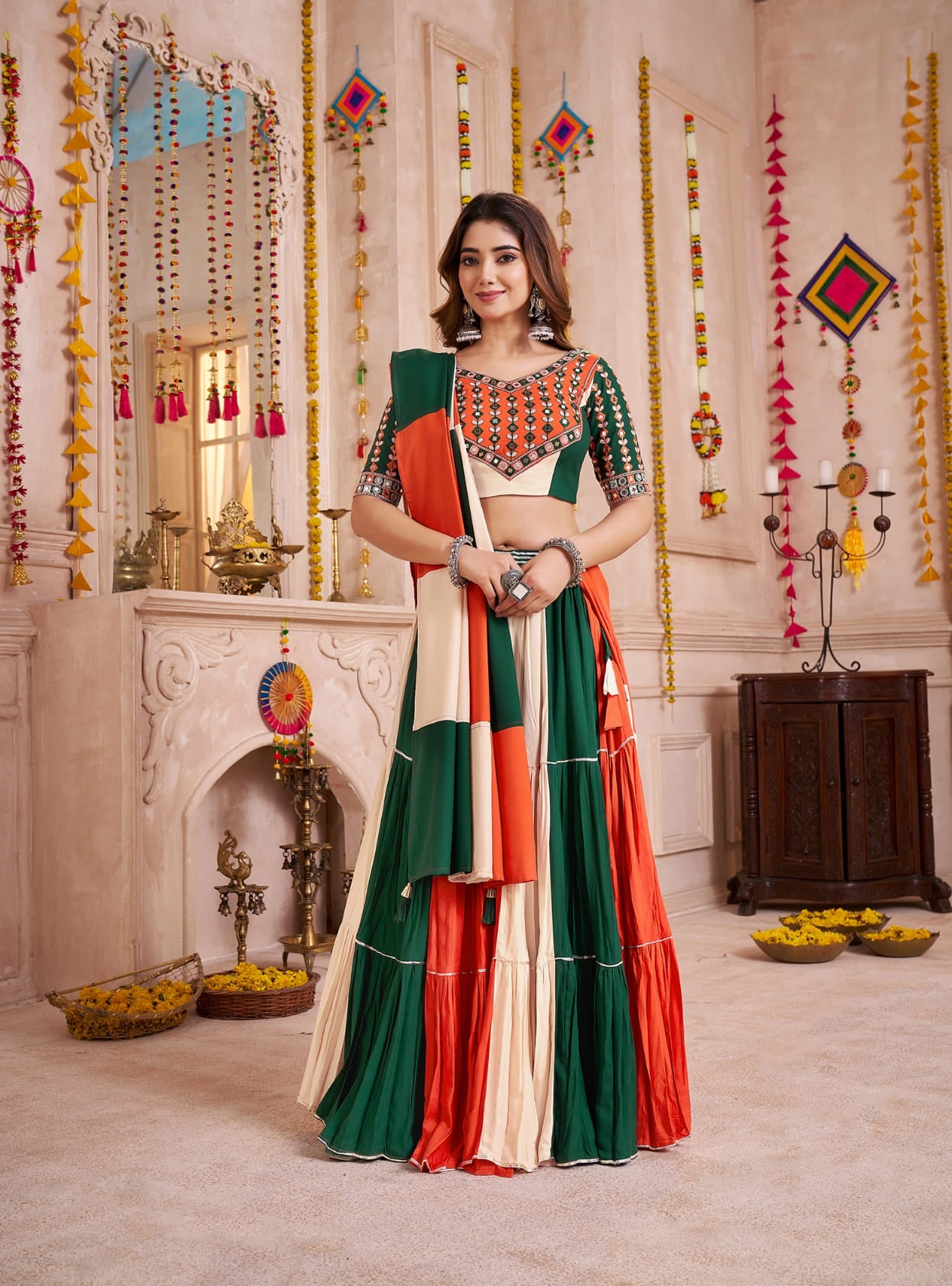 Multicolor Navratri Cotton Lehenga Choli with Mirror Work Dupatta