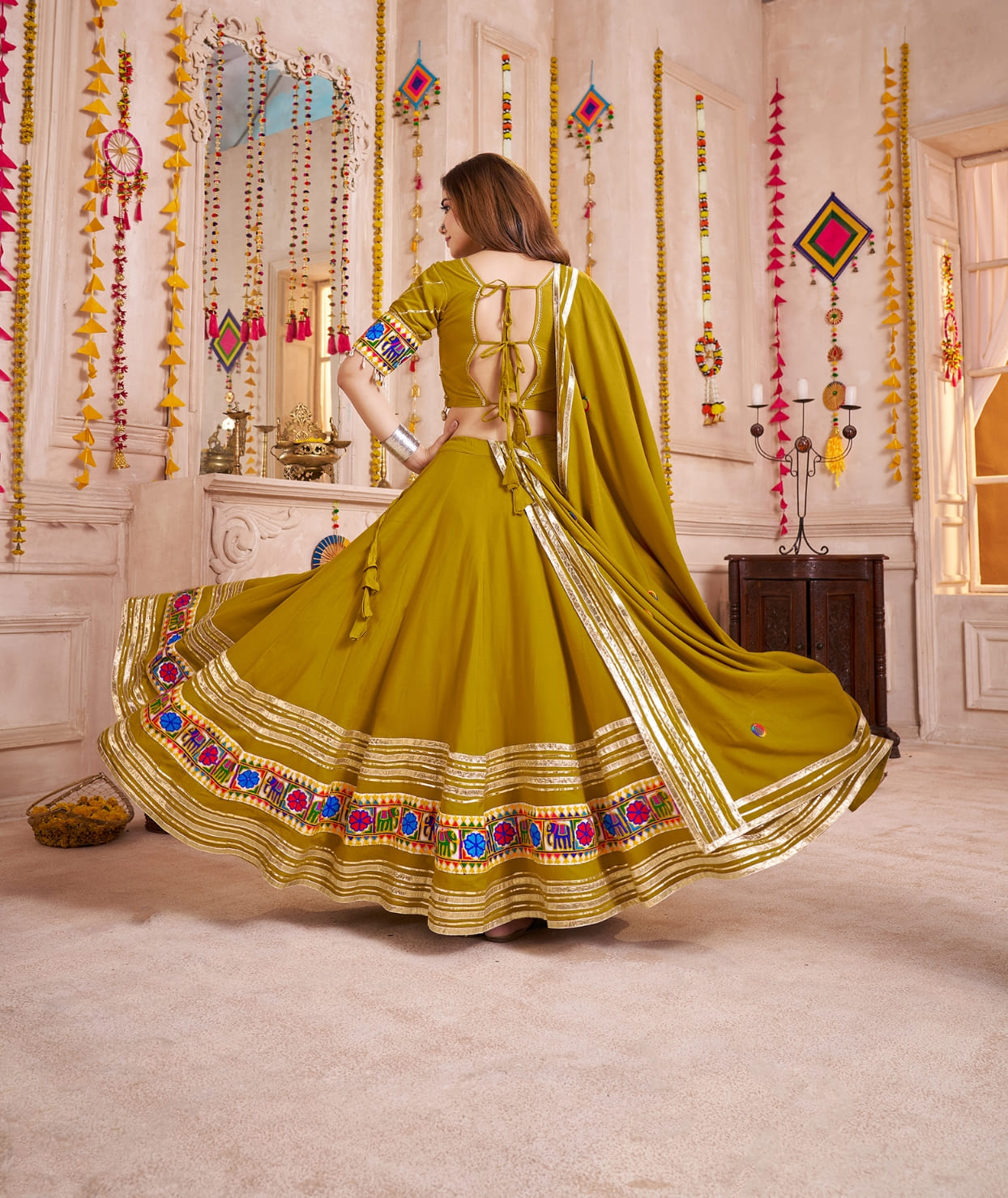 Green Cotton Chaniya Choli with Mirror Lace Dupatta