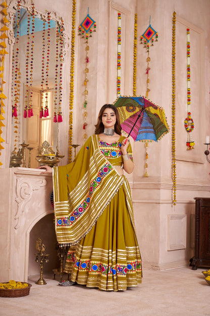 Green Cotton Chaniya Choli with Mirror Lace Dupatta