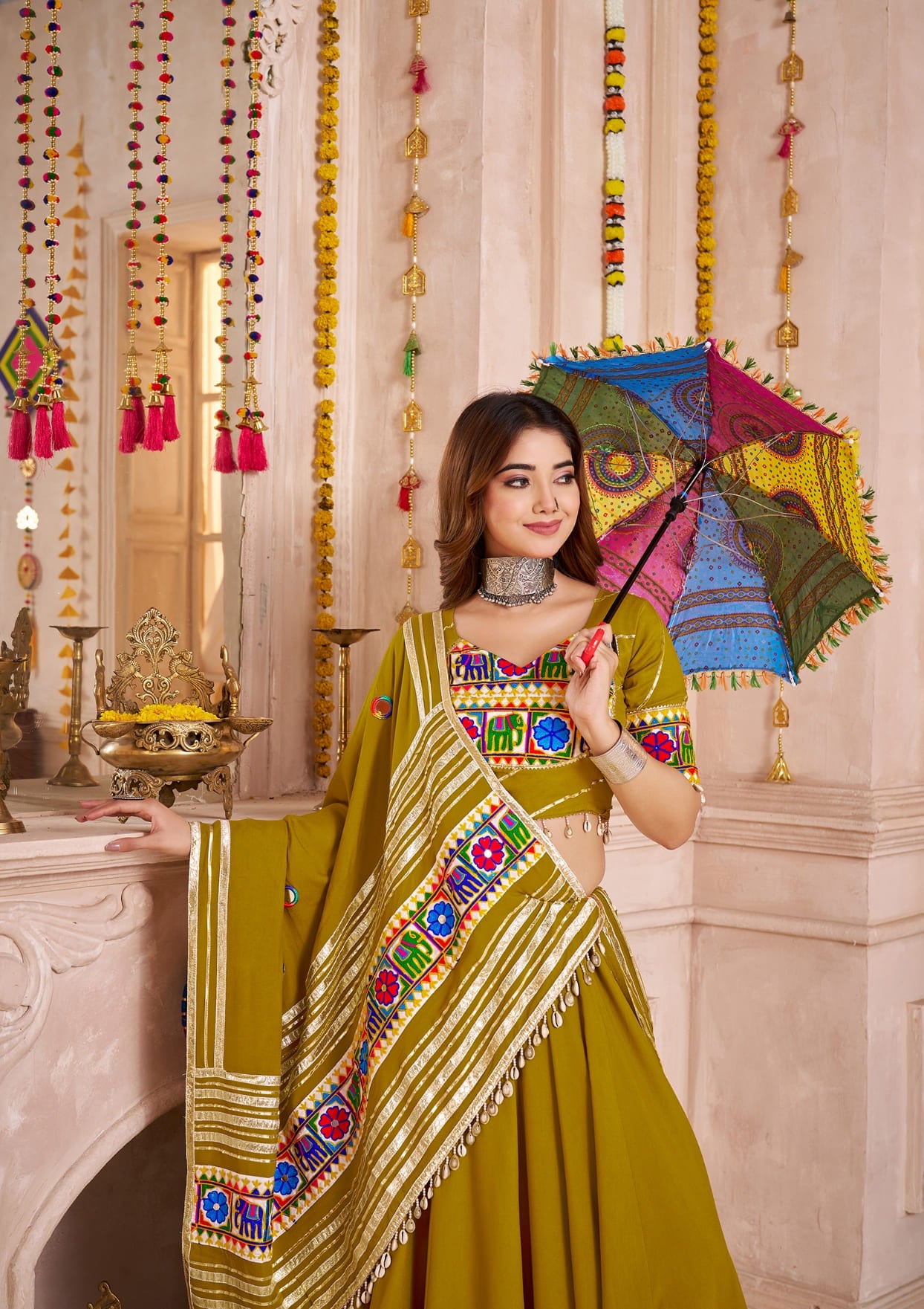 Green Cotton Chaniya Choli with Mirror Lace Dupatta