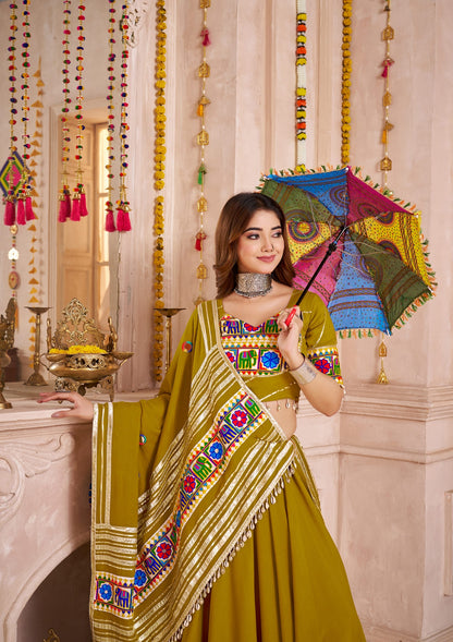 Green Cotton Chaniya Choli with Mirror Lace Dupatta
