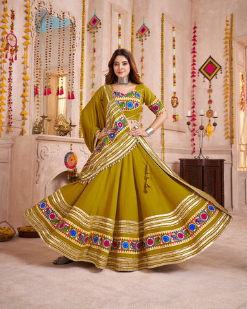 Green Cotton Chaniya Choli with Mirror Lace Dupatta