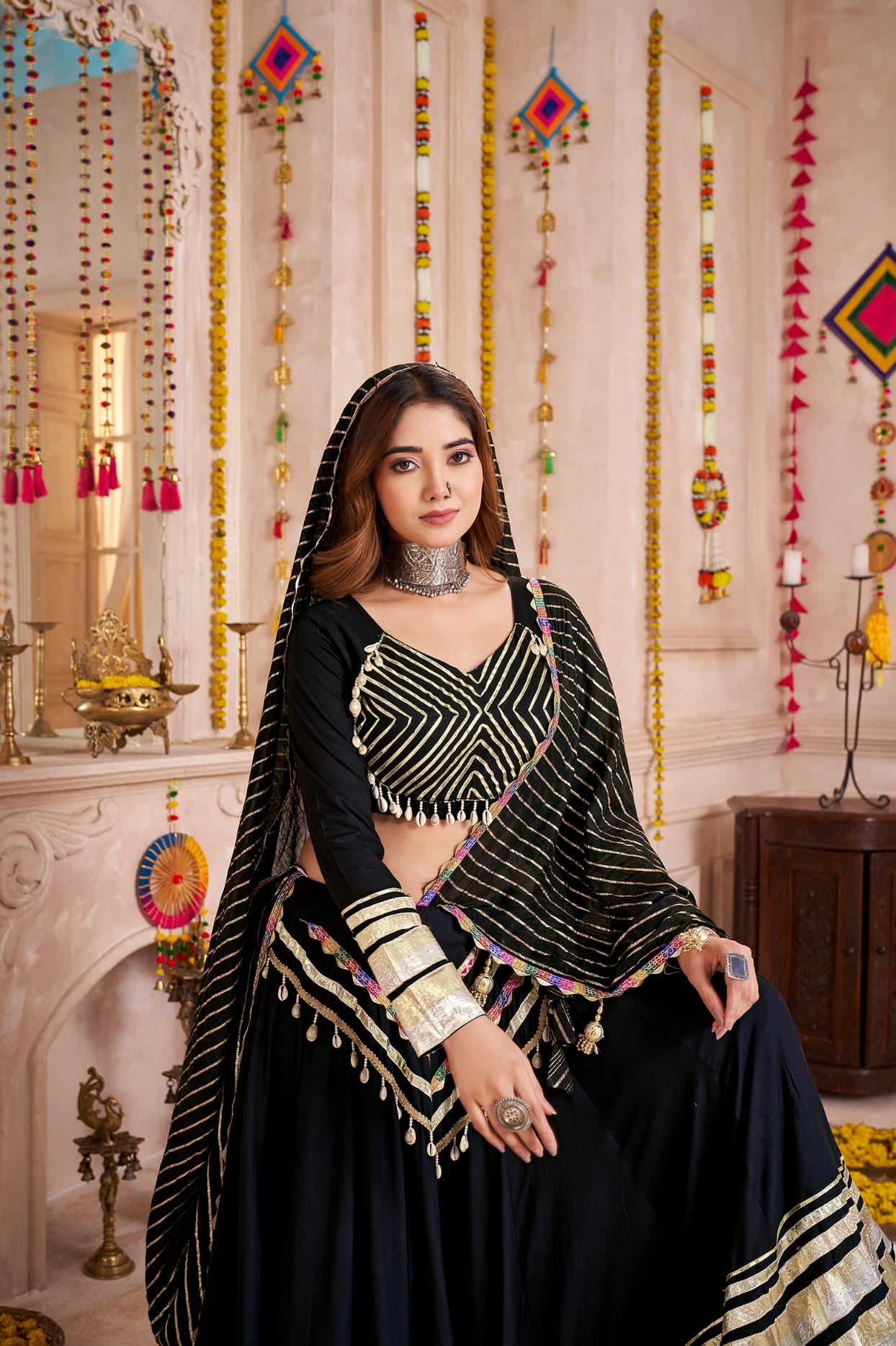 Black Cotton Chaniya Choli with Gamthi Lace &amp; Jacquard Dupatta