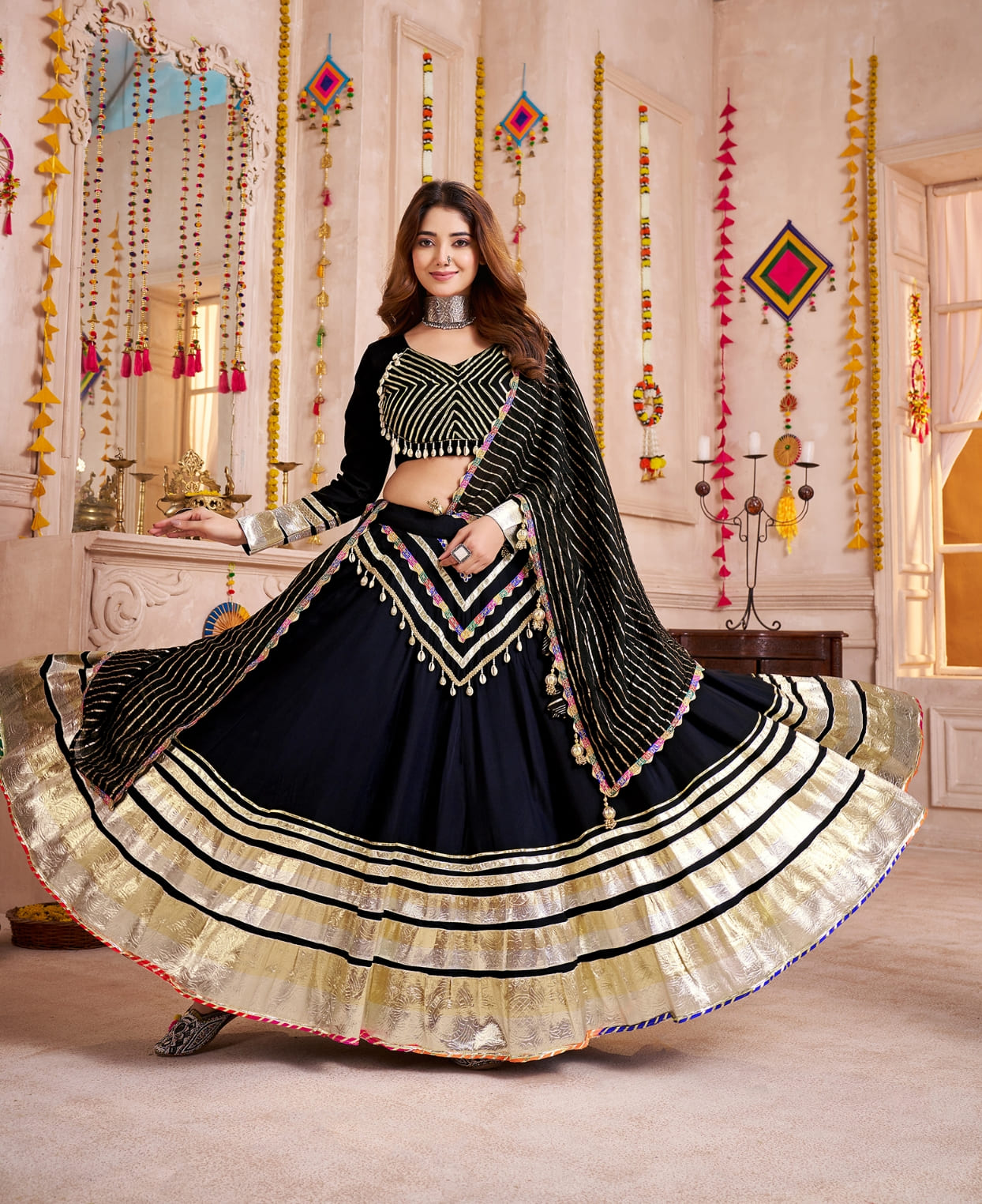 Black Cotton Chaniya Choli with Gamthi Lace &amp; Jacquard Dupatta