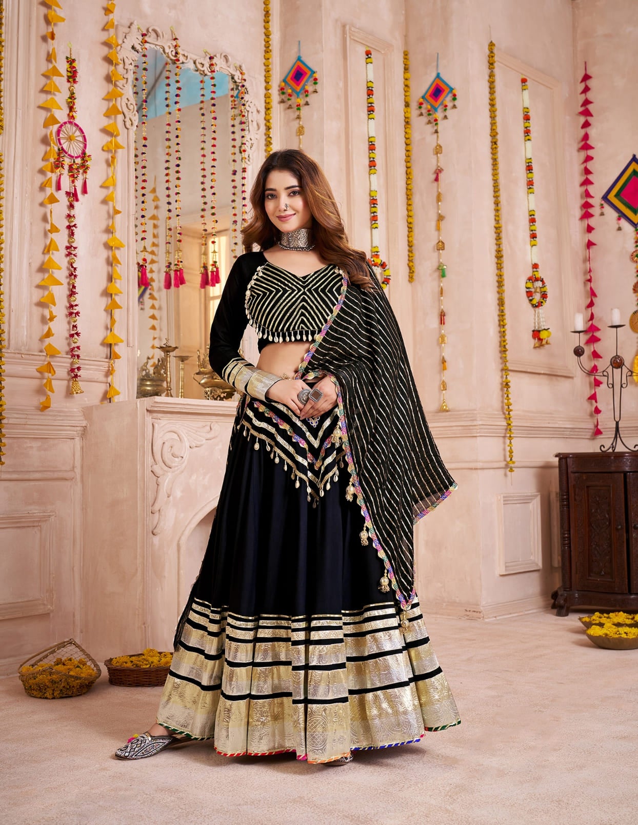 Black Cotton Chaniya Choli with Gamthi Lace &amp; Jacquard Dupatta