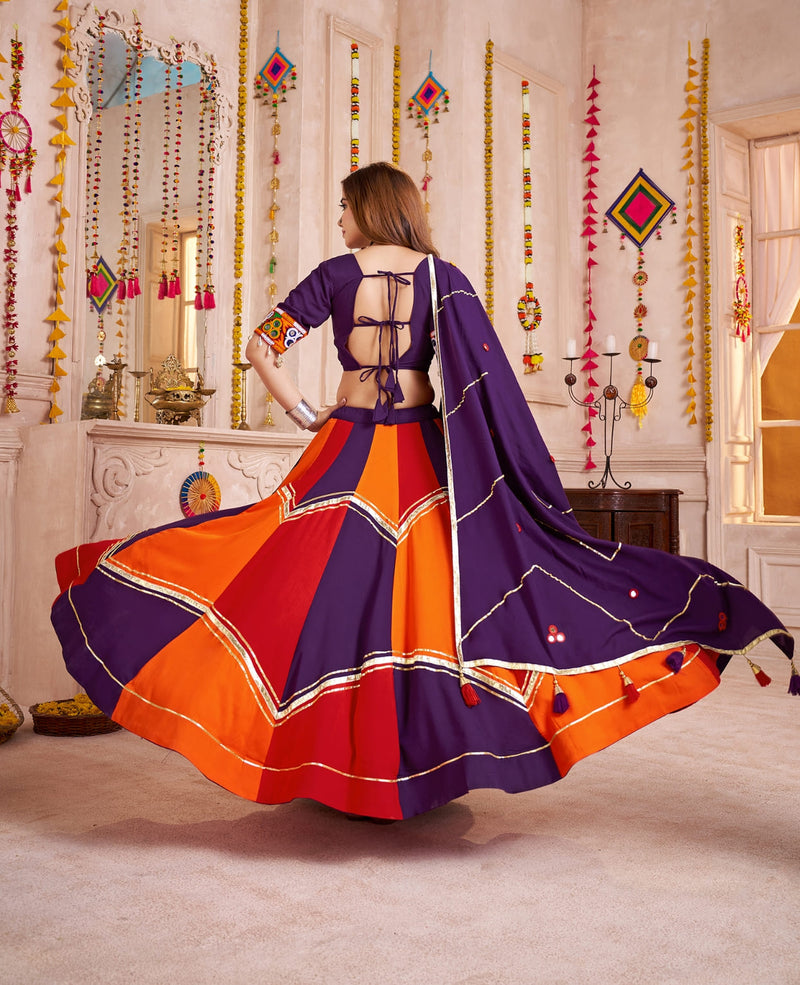 Color Block Cotton Chaniya Choli with Mirror Embroidery