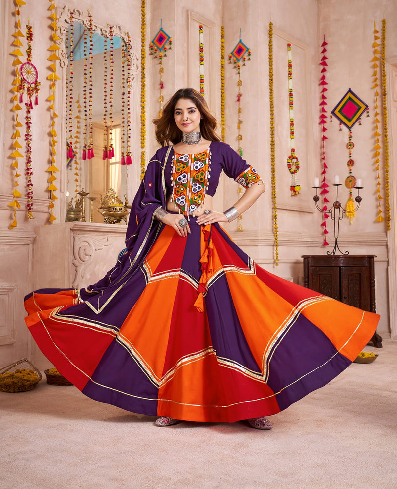 Color Block Cotton Chaniya Choli with Mirror Embroidery