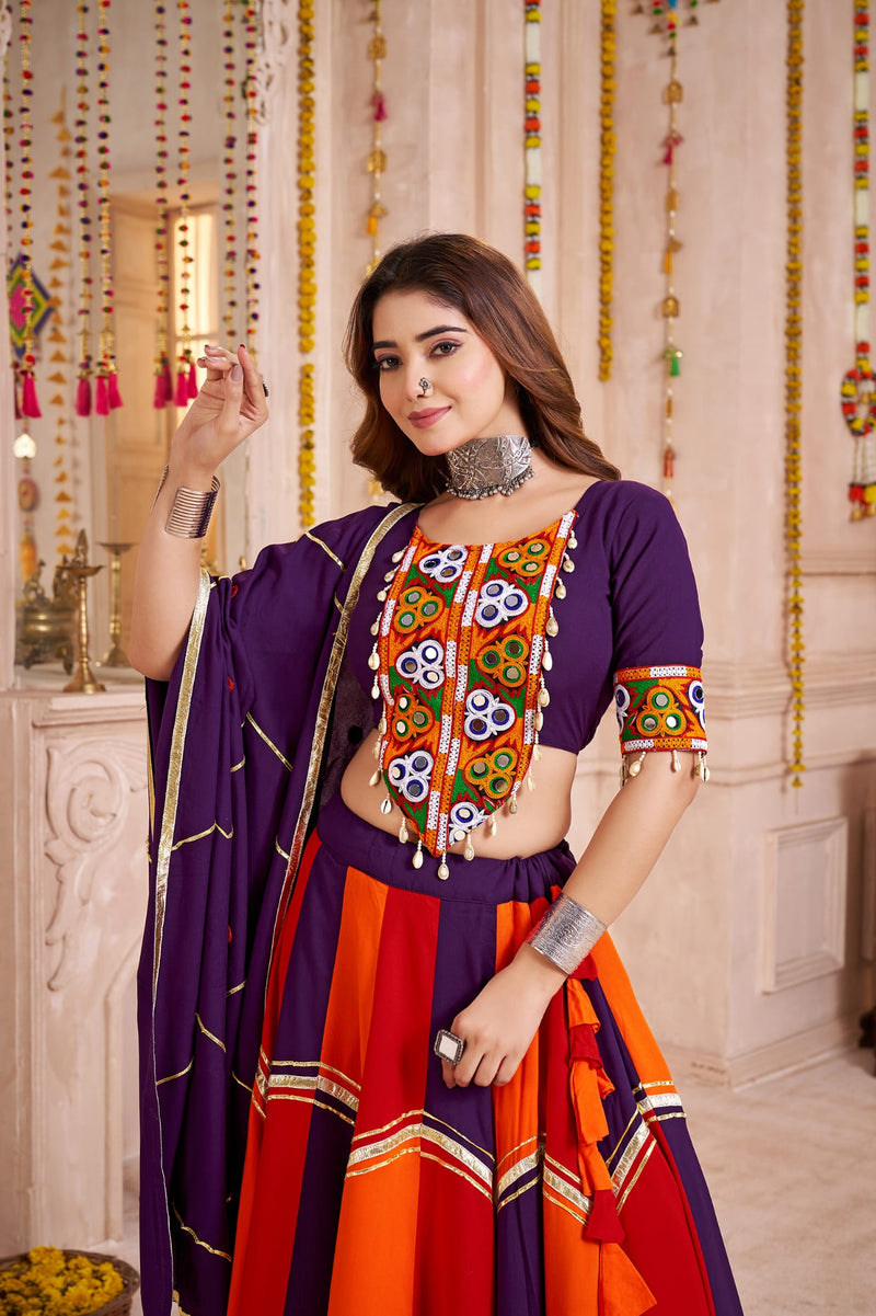 Color Block Cotton Chaniya Choli with Mirror Embroidery