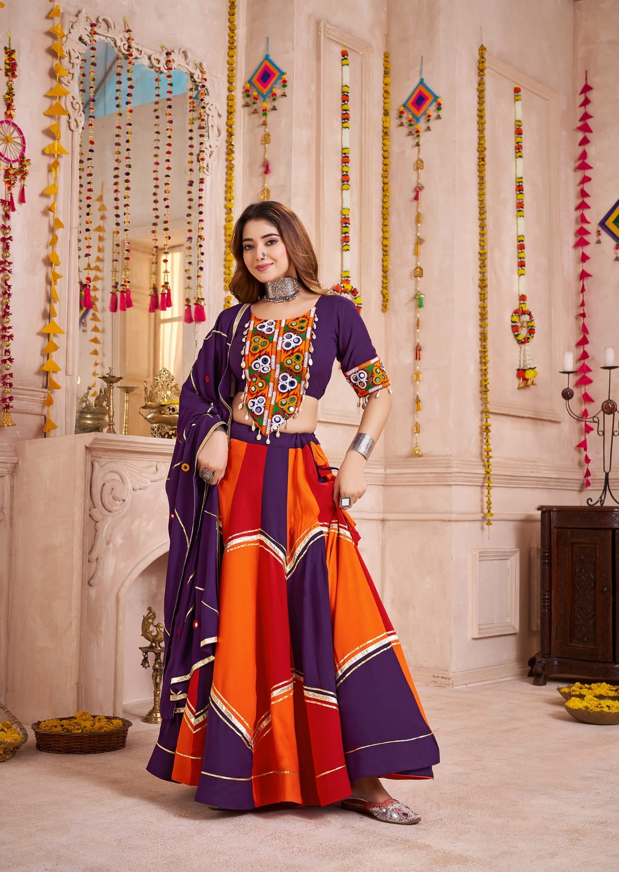 Color Block Cotton Chaniya Choli with Mirror Embroidery