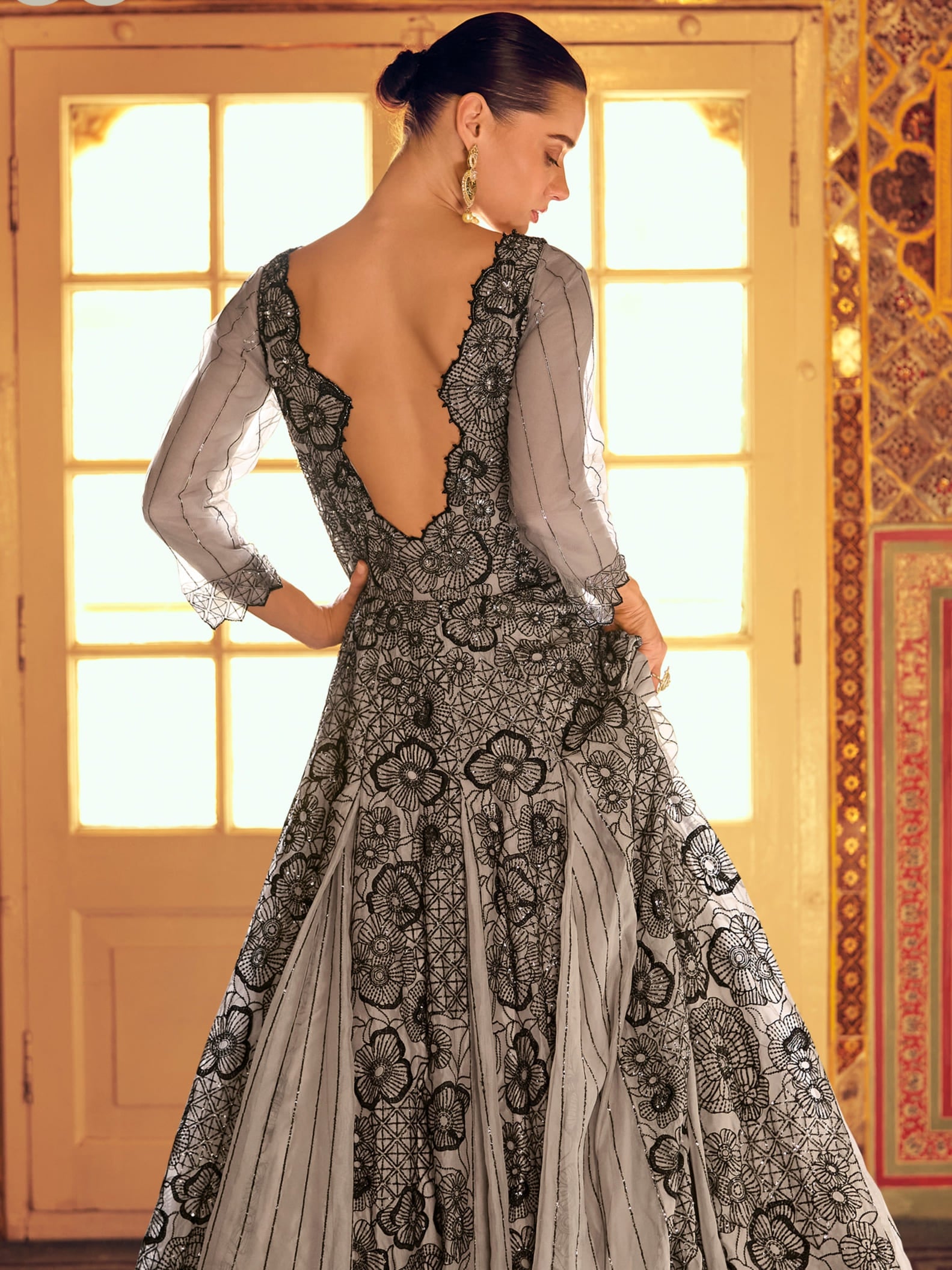Grey Jacquard Silk Embroidered Gown with Cancan