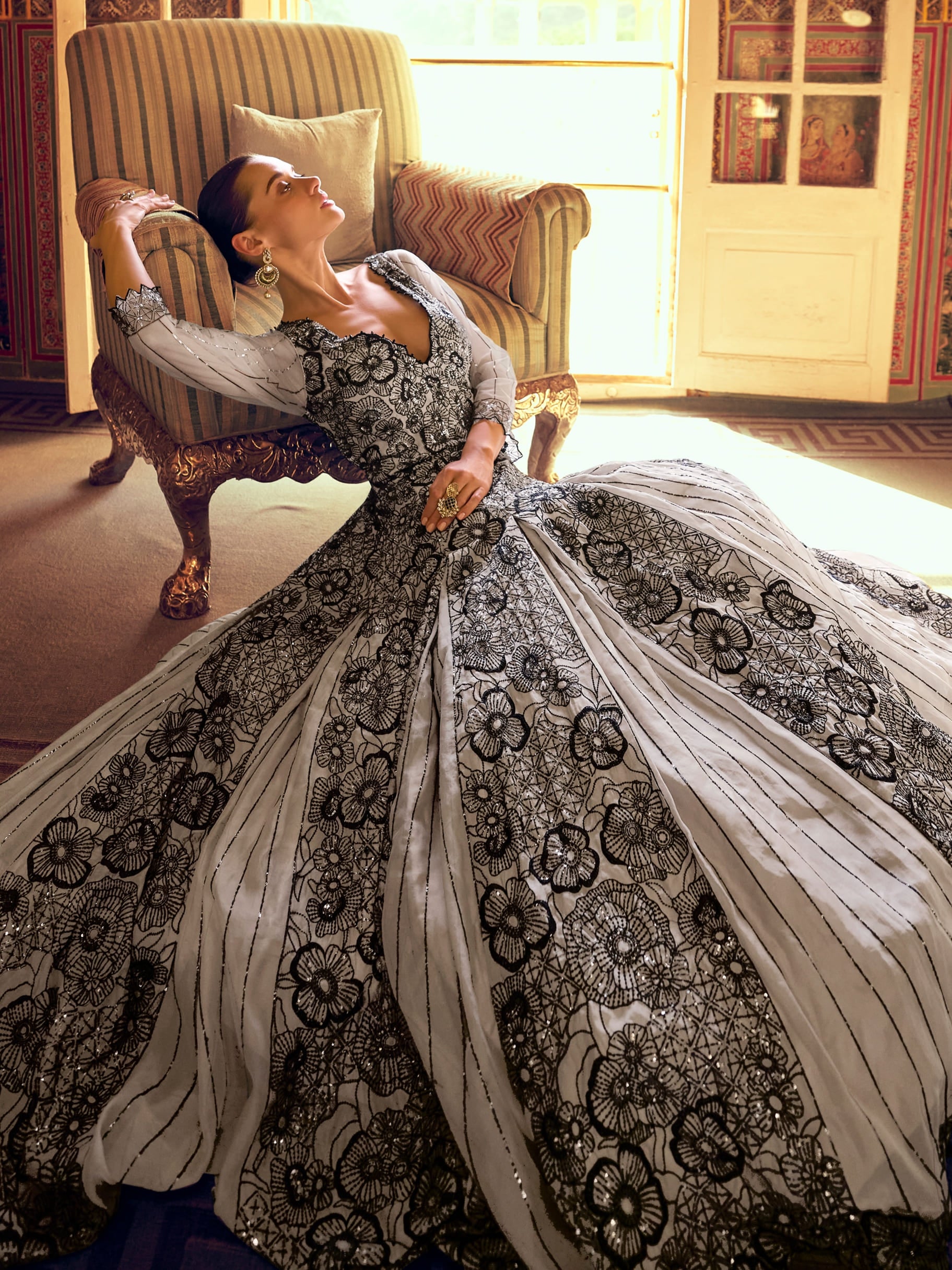 Grey Jacquard Silk Embroidered Gown with Cancan