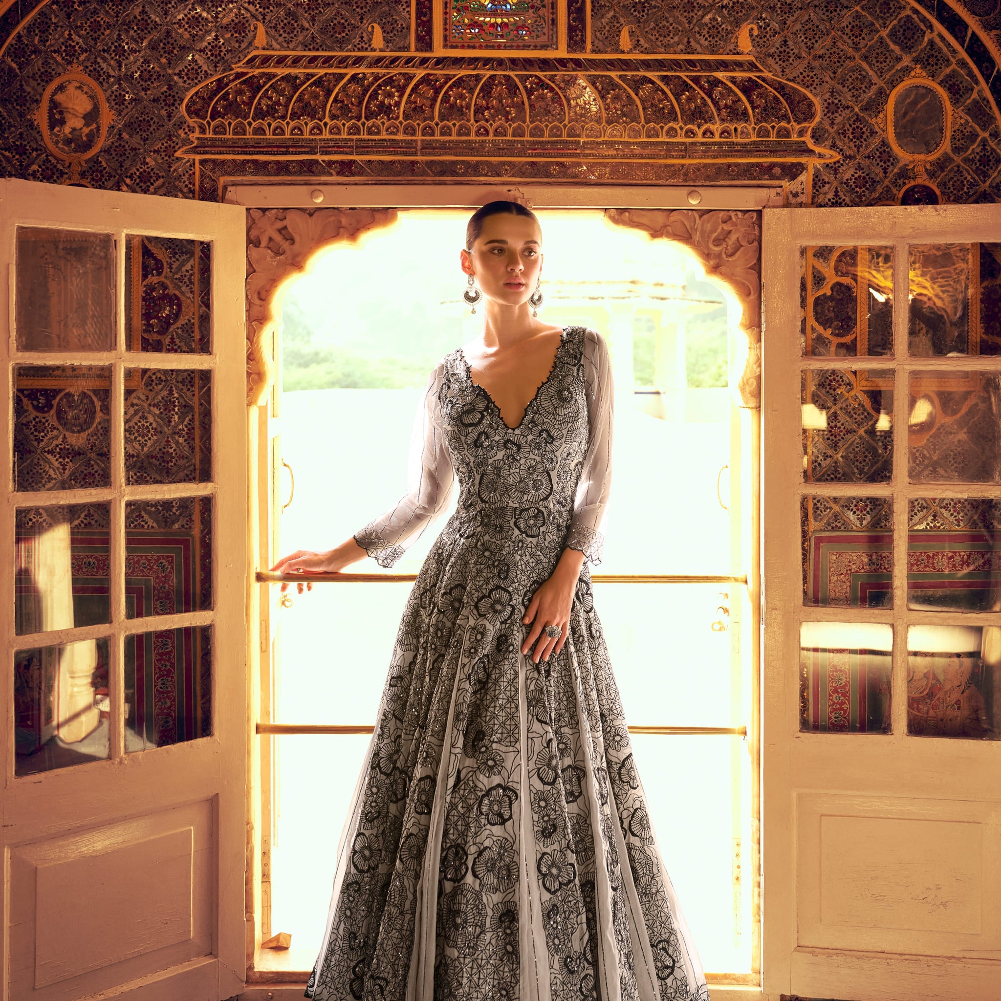 Grey Jacquard Silk Embroidered Gown with Cancan